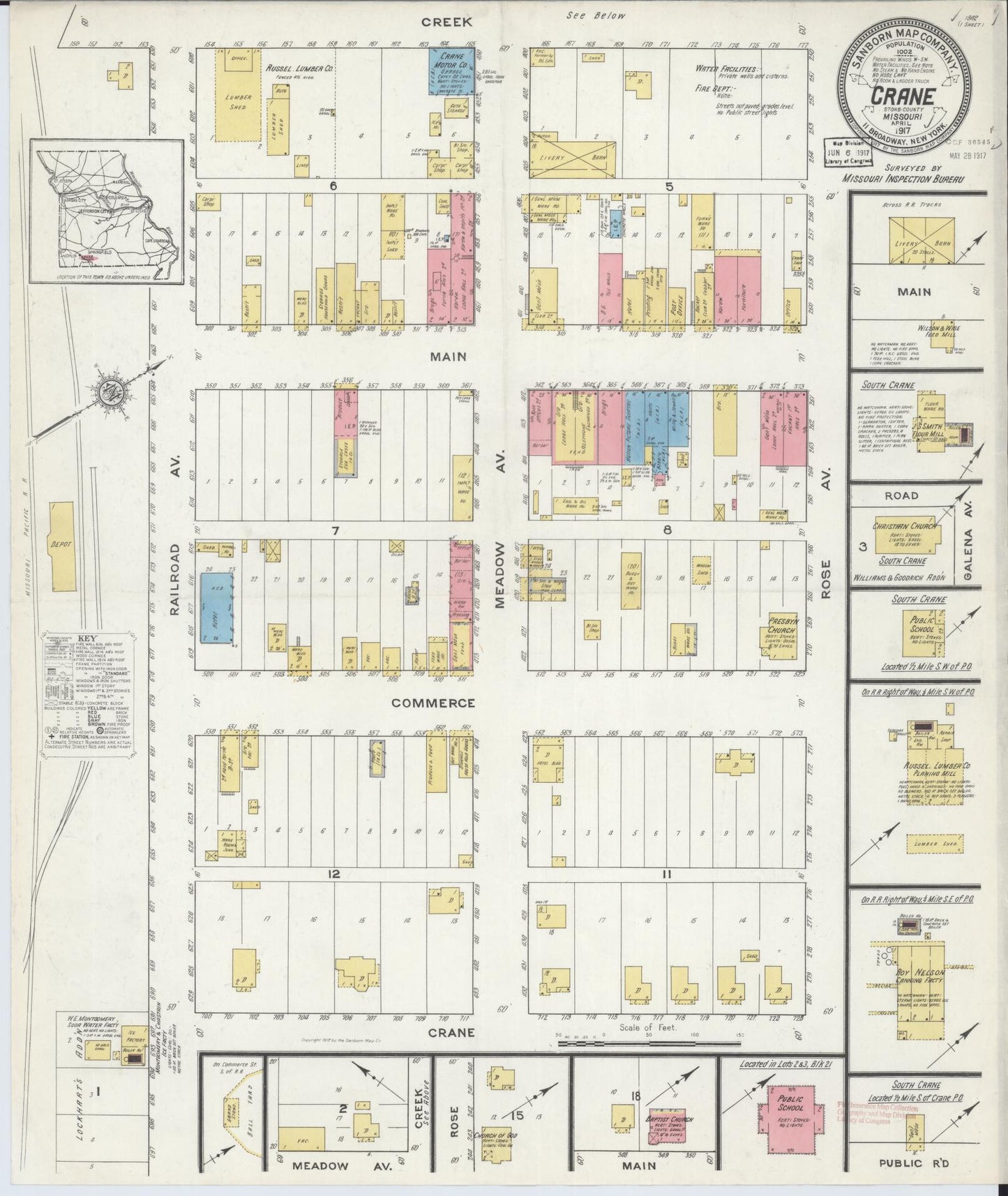 Sanborn Fire Insurance Map from Crane, Stone County, Missouri (1917), Sheet #0001 - Historic Sanborn Fire Insurance Map Print, vintage old map wall art, antique decor, genealogy gift, Missouri Missouri map
