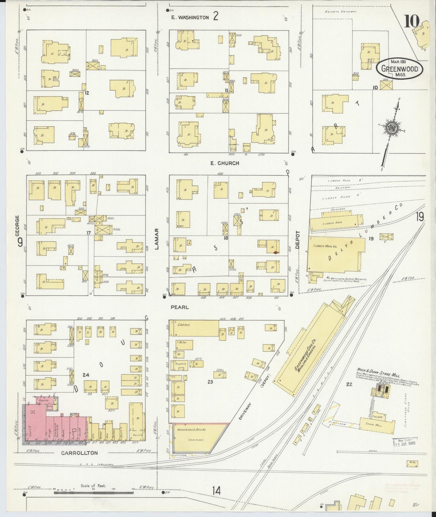 Sanborn Fire Insurance Map from Greenwood, Leflore County, Mississippi (1911), Sheet #0010 - Historic Sanborn Fire Insurance Map Print, vintage old map wall art, antique decor, genealogy gift, Mississippi Mississippi map