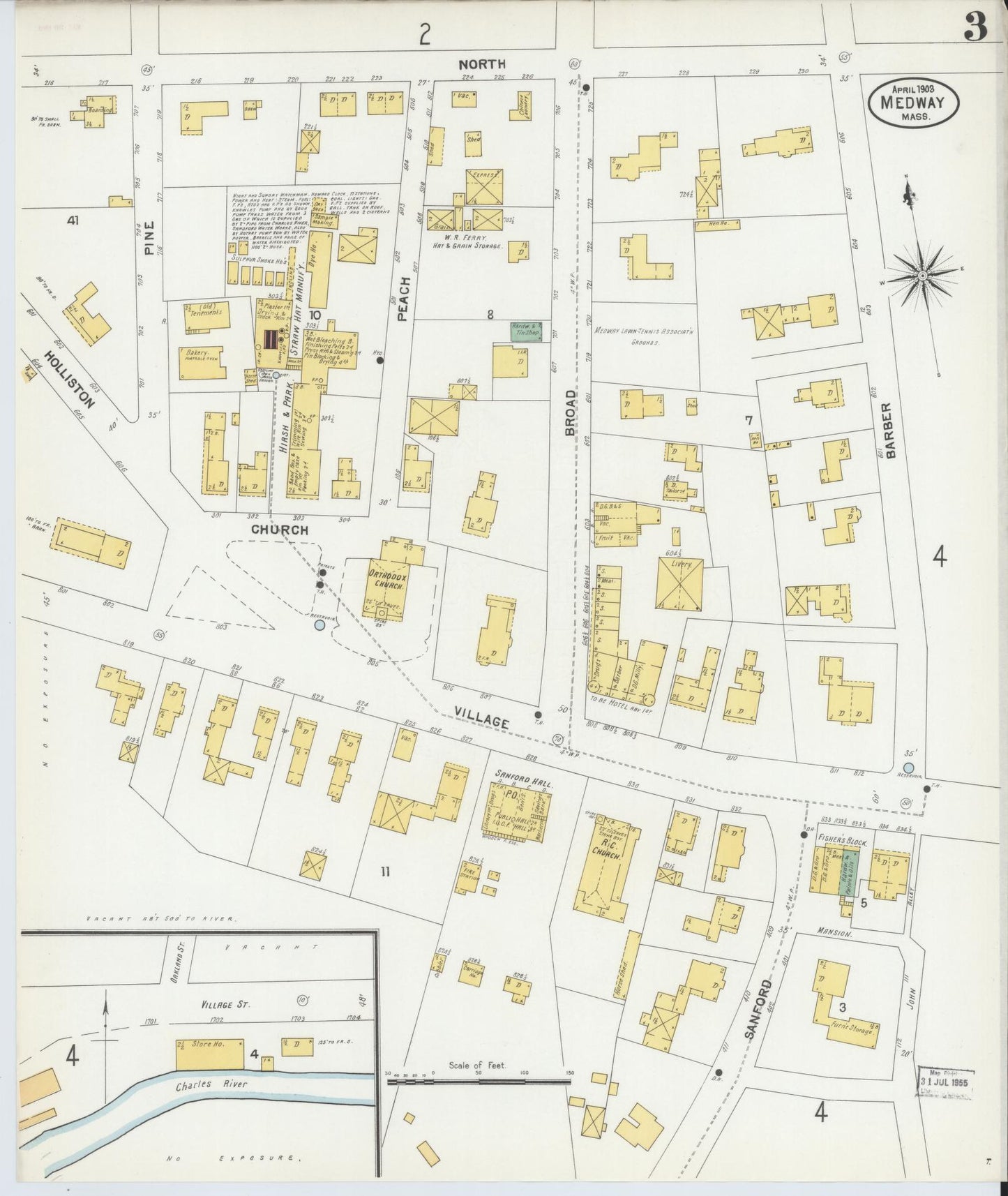 Sanborn Fire Insurance Map from Medway, Norfolk County, Massachusetts (1903), Sheet #0003 - Historic Sanborn Fire Insurance Map Print, vintage old map wall art, antique decor, genealogy gift, Massachusetts Massachusetts map