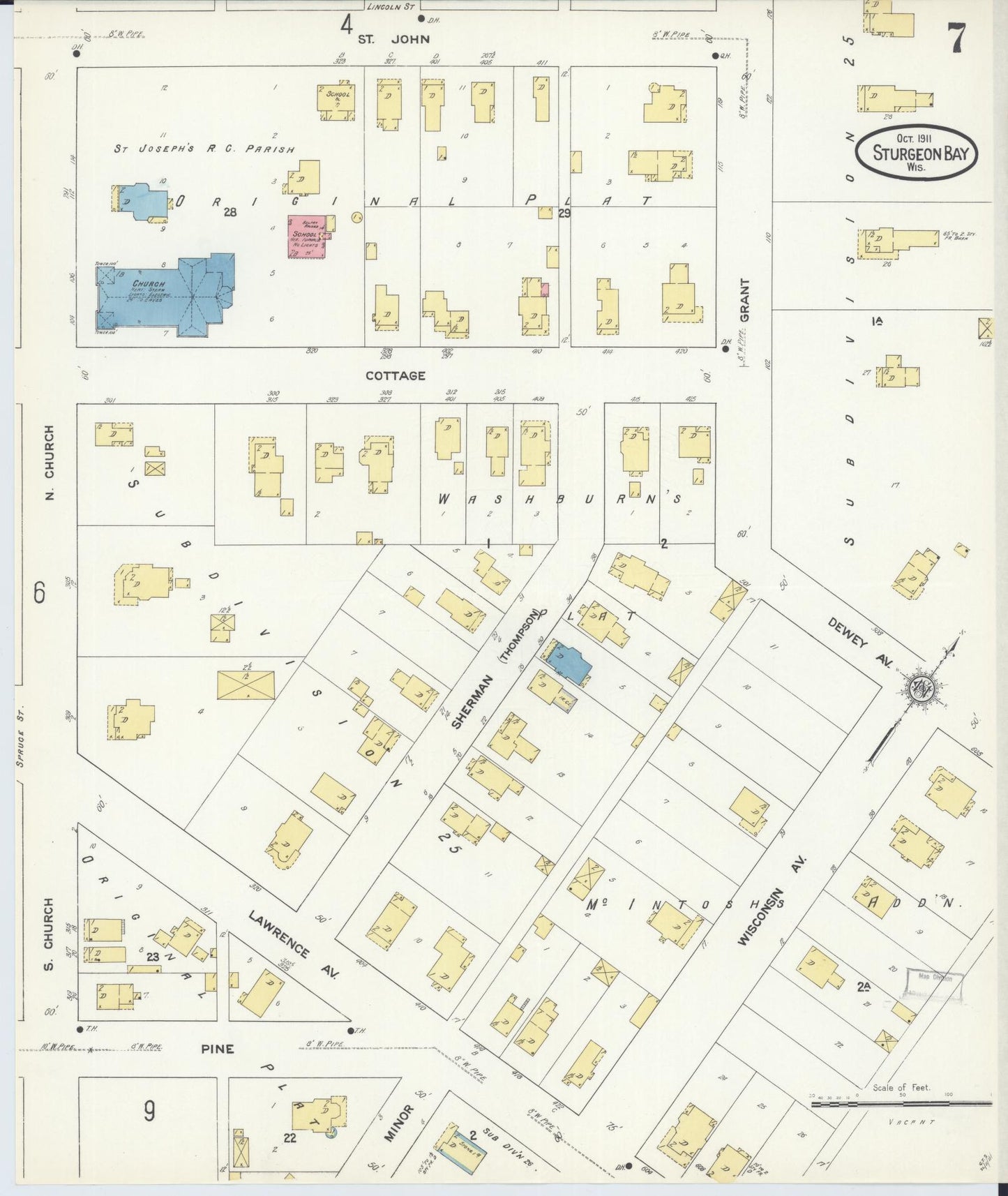 Sanborn Fire Insurance Map from Sturgeon Bay, Door County, Wisconsin (1911), Sheet #0007 - Historic Sanborn Fire Insurance Map Print, vintage old map wall art, antique decor, genealogy gift, Wisconsin Wisconsin map