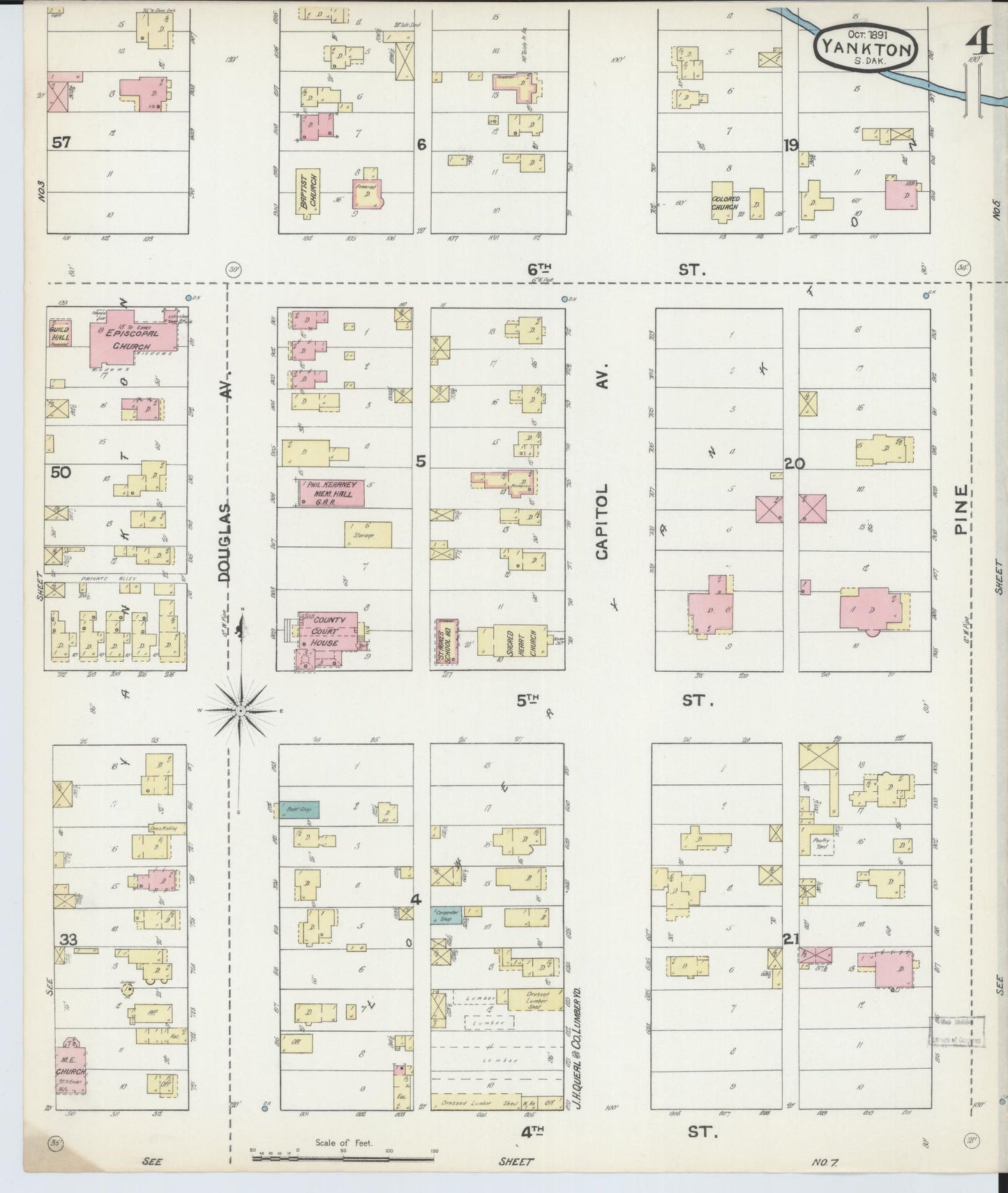 Sanborn Fire Insurance Map from Yankton, Yankton County, South Dakota (1891), Sheet #0004 - Historic Sanborn Fire Insurance Map Print, vintage old map wall art, antique decor, genealogy gift, South Dakota South Dakota map