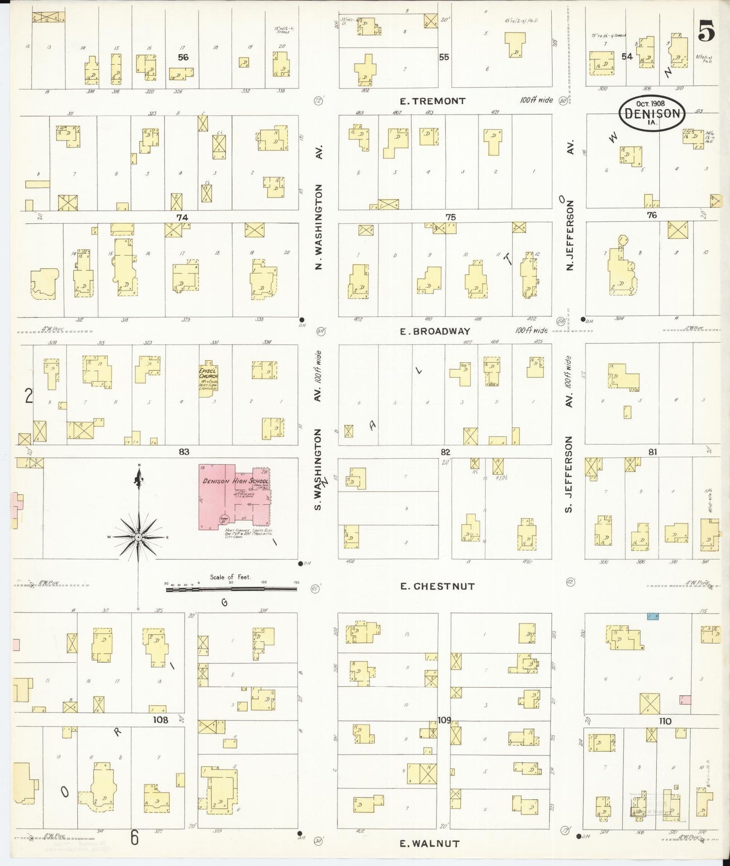 Sanborn Fire Insurance Map from Denison, Crawford County, Iowa (1908), Sheet #0005 - Historic Sanborn Fire Insurance Map Print, vintage old map wall art