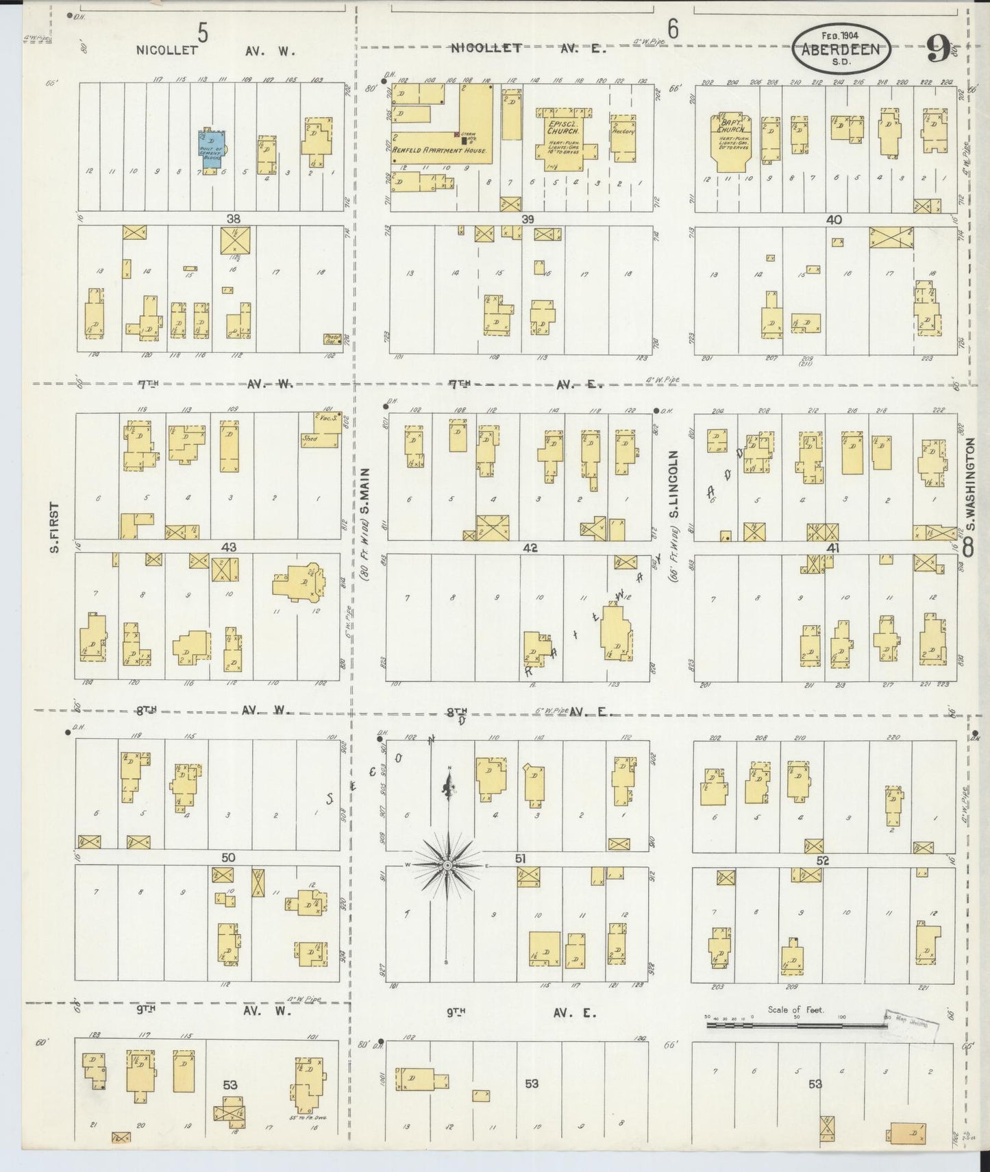 Sanborn Fire Insurance Map from Aberdeen, Brown County, South Dakota (1904), Sheet #0009 - Historic Sanborn Fire Insurance Map Print, vintage old map wall art, antique decor, genealogy gift, South Dakota South Dakota map
