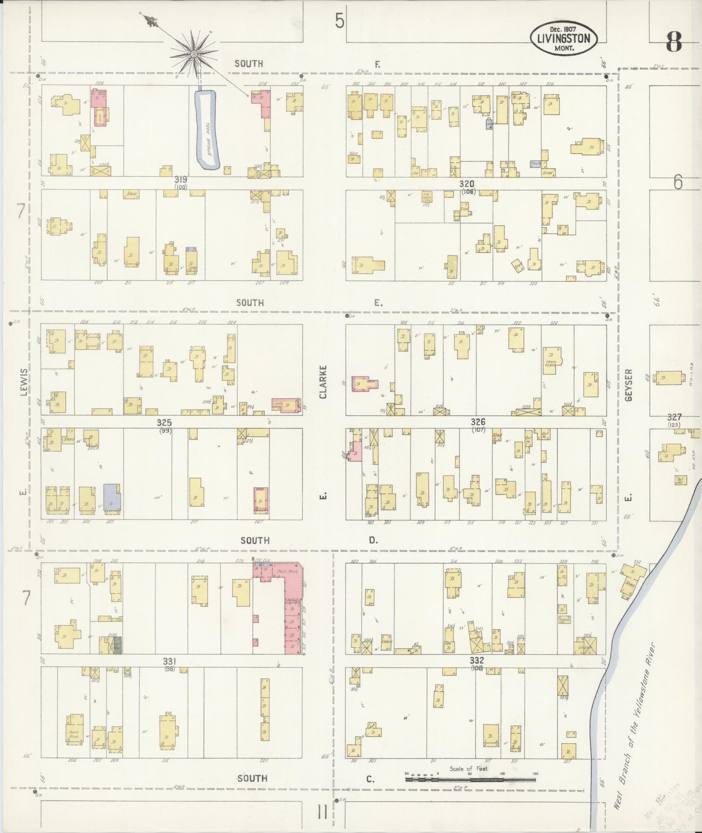 Sanborn Fire Insurance Map from Livingston, Park County, Montana (1907), Sheet #0008 - Historic Sanborn Fire Insurance Map Print, vintage old map wall art, antique decor, genealogy gift, Montana Montana map