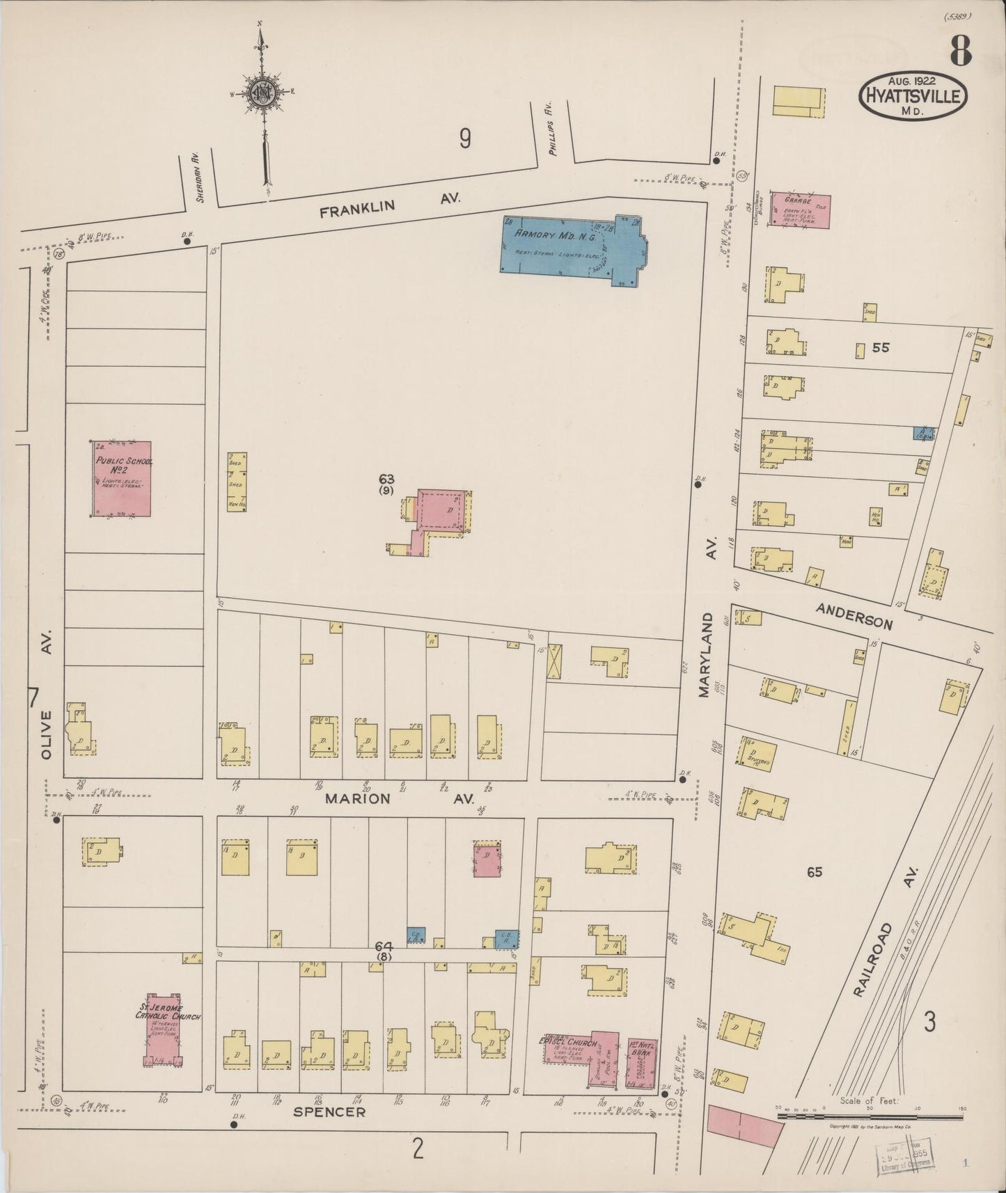 Sanborn Fire Insurance Map from Hyattsville, Prince Georges County, Maryland (1922), Sheet #0008 - Historic Sanborn Fire Insurance Map Print, vintage old map wall art