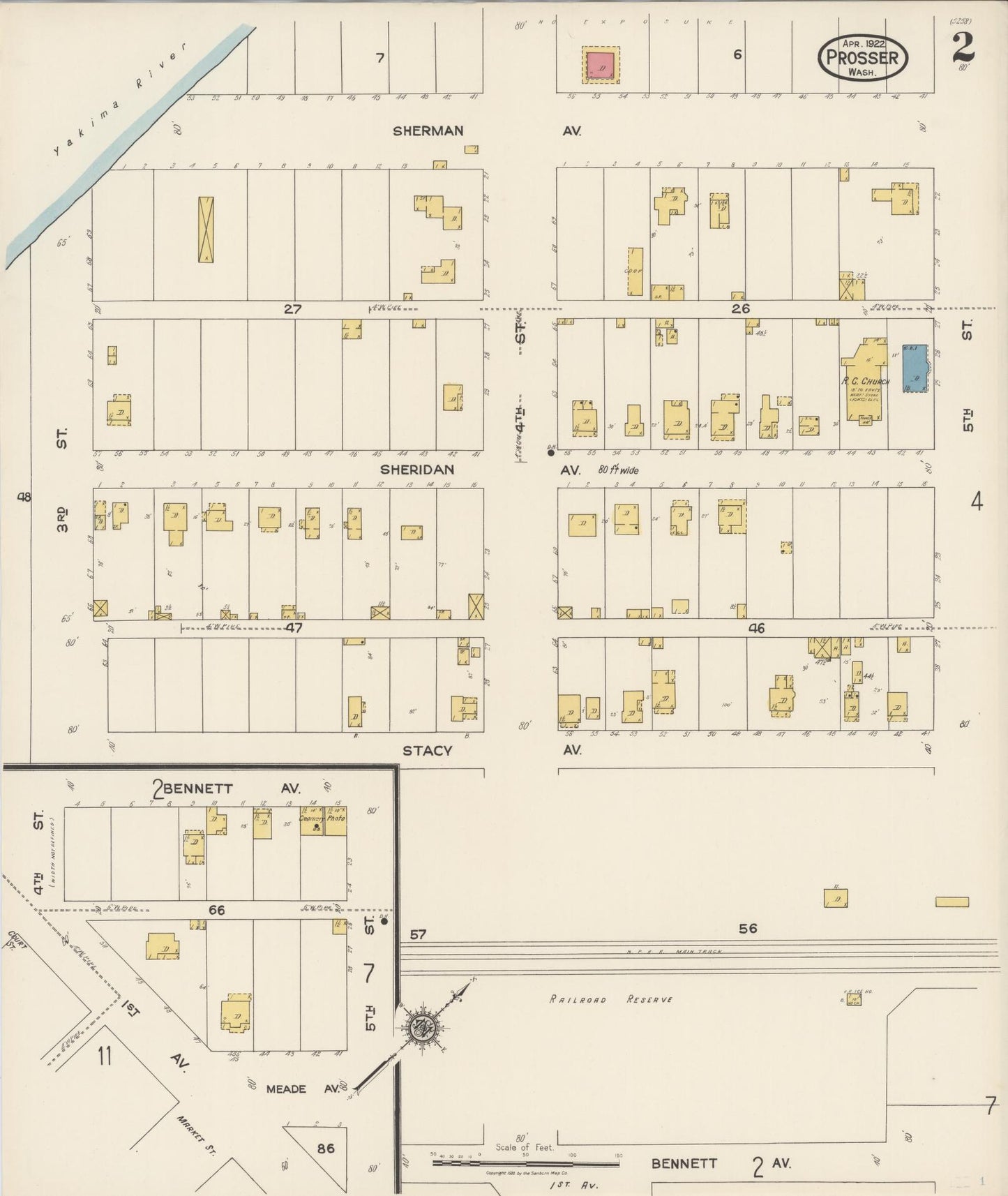 Sanborn Fire Insurance Map from Prosser, Benton County, Washington (1922), Sheet #0002 - Historic Sanborn Fire Insurance Map Print, vintage old map wall art, antique decor, genealogy gift, Washington Washington map
