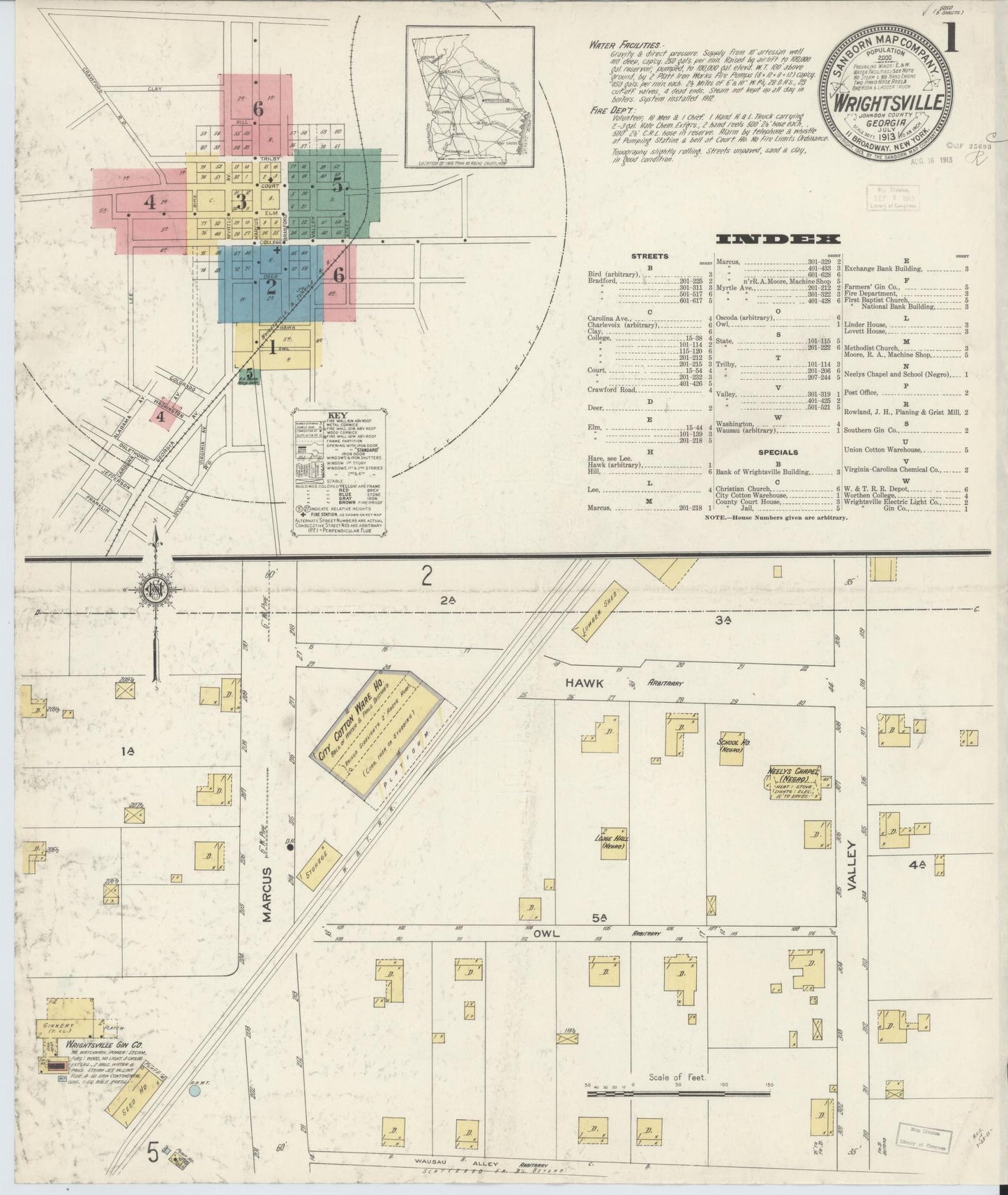 Sanborn Fire Insurance Map from Wrightsville, Johnson County, Georgia (1913), Sheet #0001 - Historic Sanborn Fire Insurance Map Print, vintage old map wall art, antique decor, genealogy gift, Georgia Georgia map