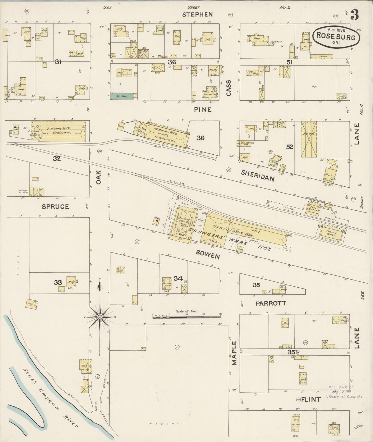 Sanborn Fire Insurance Map from Roseburg, Douglas County, Oregon (1888), Sheet #0003 - Historic Sanborn Fire Insurance Map Print, vintage old map wall art, antique decor, genealogy gift, Oregon Oregon map