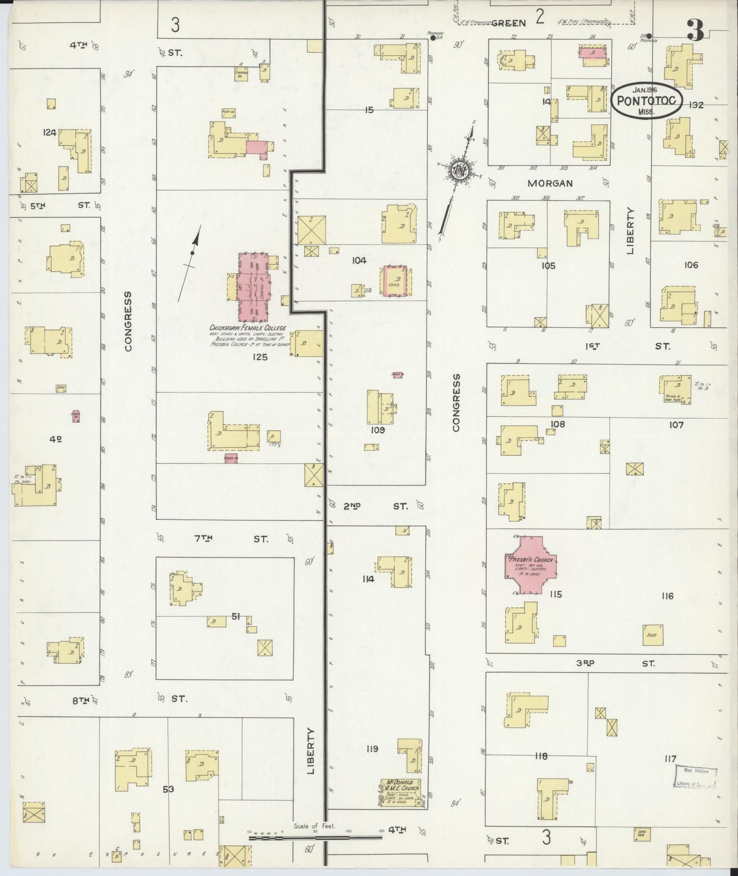 Sanborn Fire Insurance Map from Pontotoc, Pontotoc County, Mississippi (1916), Sheet #0003 - Historic Sanborn Fire Insurance Map Print, vintage old map wall art, antique decor, genealogy gift, Mississippi Mississippi map