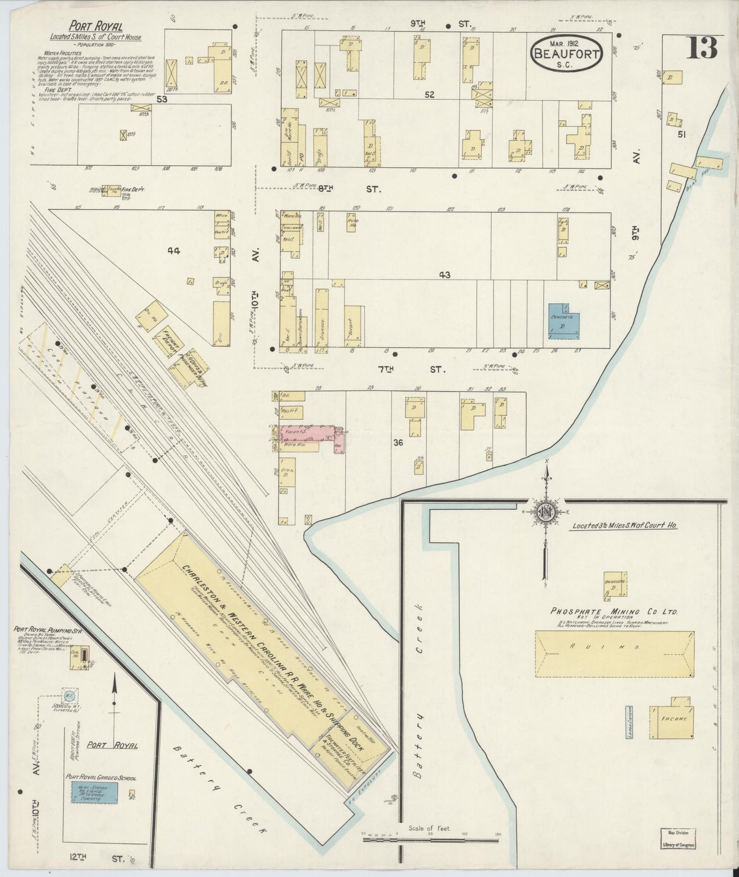 Sanborn Fire Insurance Map from Beaufort, Beaufort County, South Carolina (1912), Sheet #0013 - Historic Sanborn Fire Insurance Map Print, vintage old map wall art, antique decor, genealogy gift, South Carolina South Carolina map