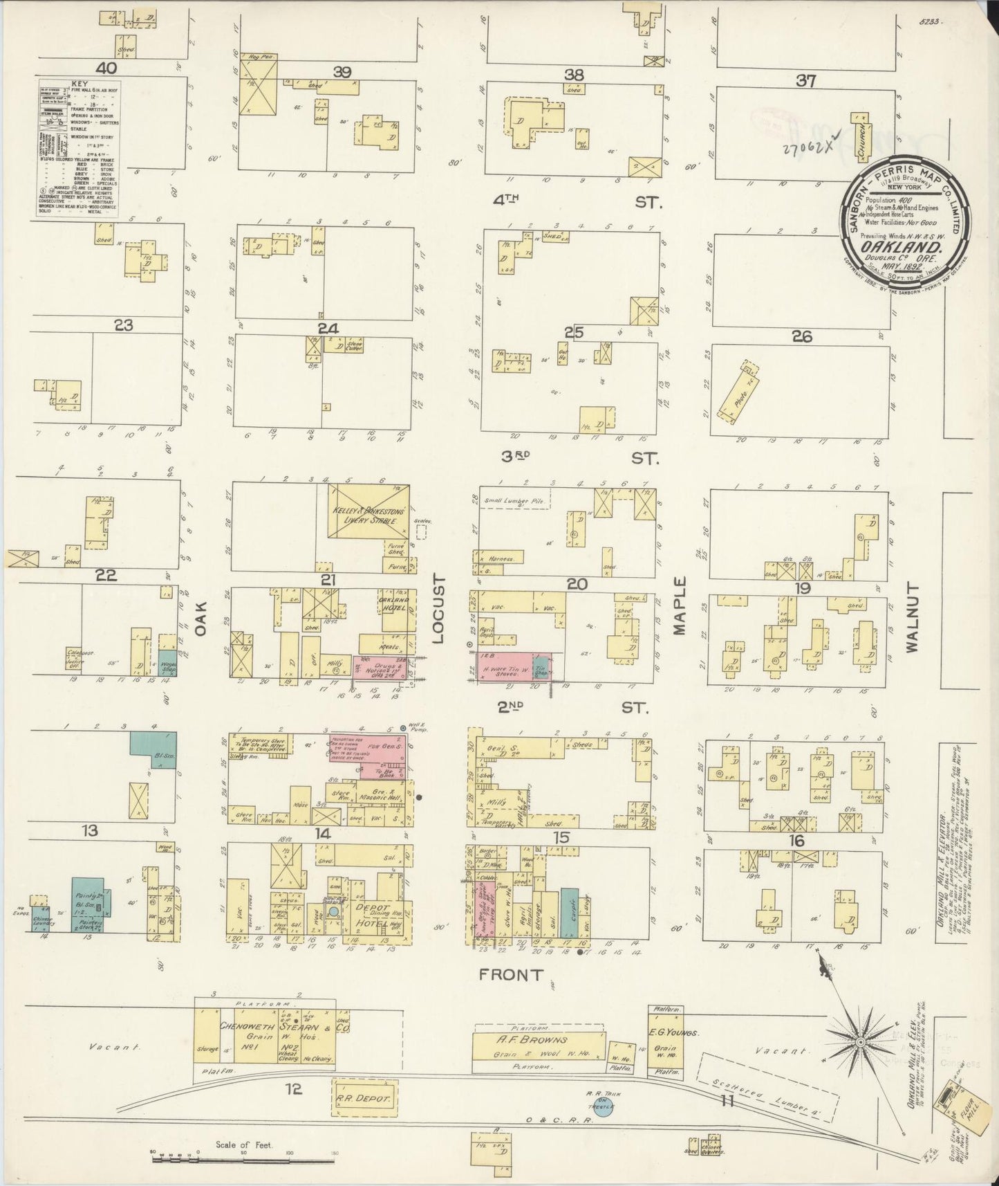 Sanborn Fire Insurance Map from Oakland, Douglas County, Oregon (1892), Sheet #0001 - Historic Sanborn Fire Insurance Map Print, vintage old map wall art, antique decor, genealogy gift, Oregon Oregon map