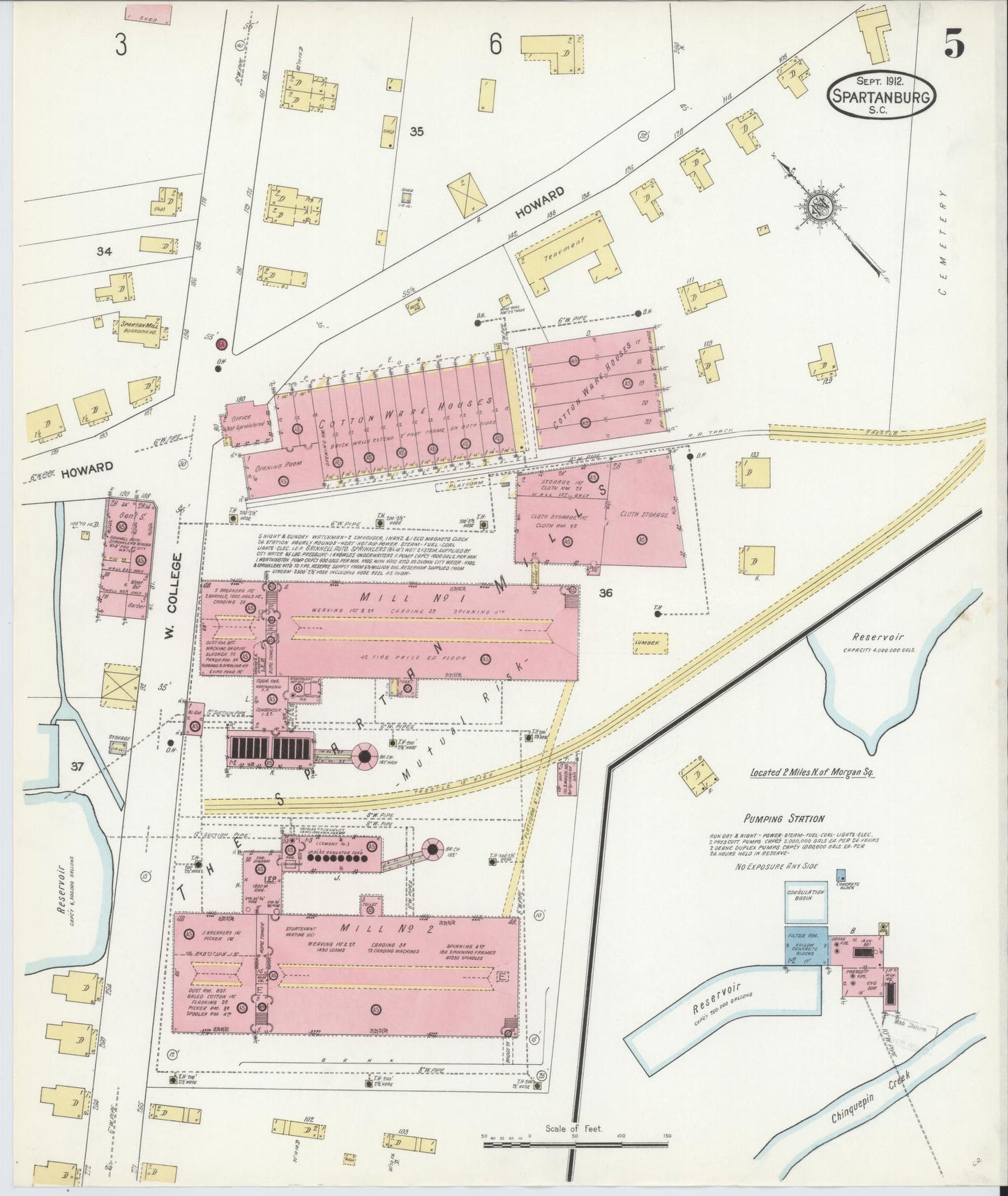 Sanborn Fire Insurance Map from Spartanburg, Spartanburg County, South Carolina (1912), Sheet #0005 - Historic Sanborn Fire Insurance Map Print, vintage old map wall art, antique decor, genealogy gift, South Carolina South Carolina map