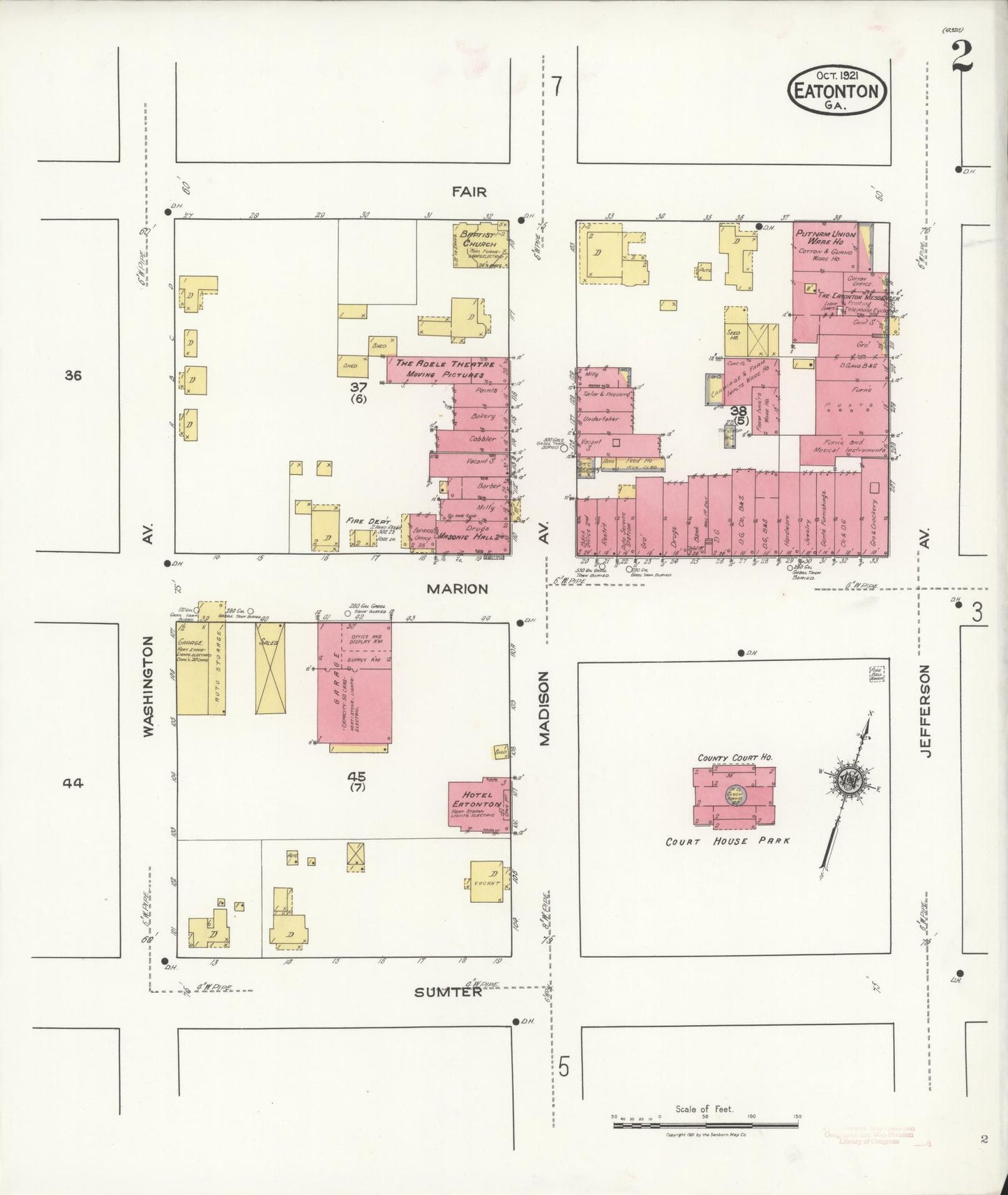 Sanborn Fire Insurance Map from Eatonton, Putnam County, Georgia (1921), Sheet #0002 - Historic Sanborn Fire Insurance Map Print, vintage old map wall art, antique decor, genealogy gift, Georgia Georgia map