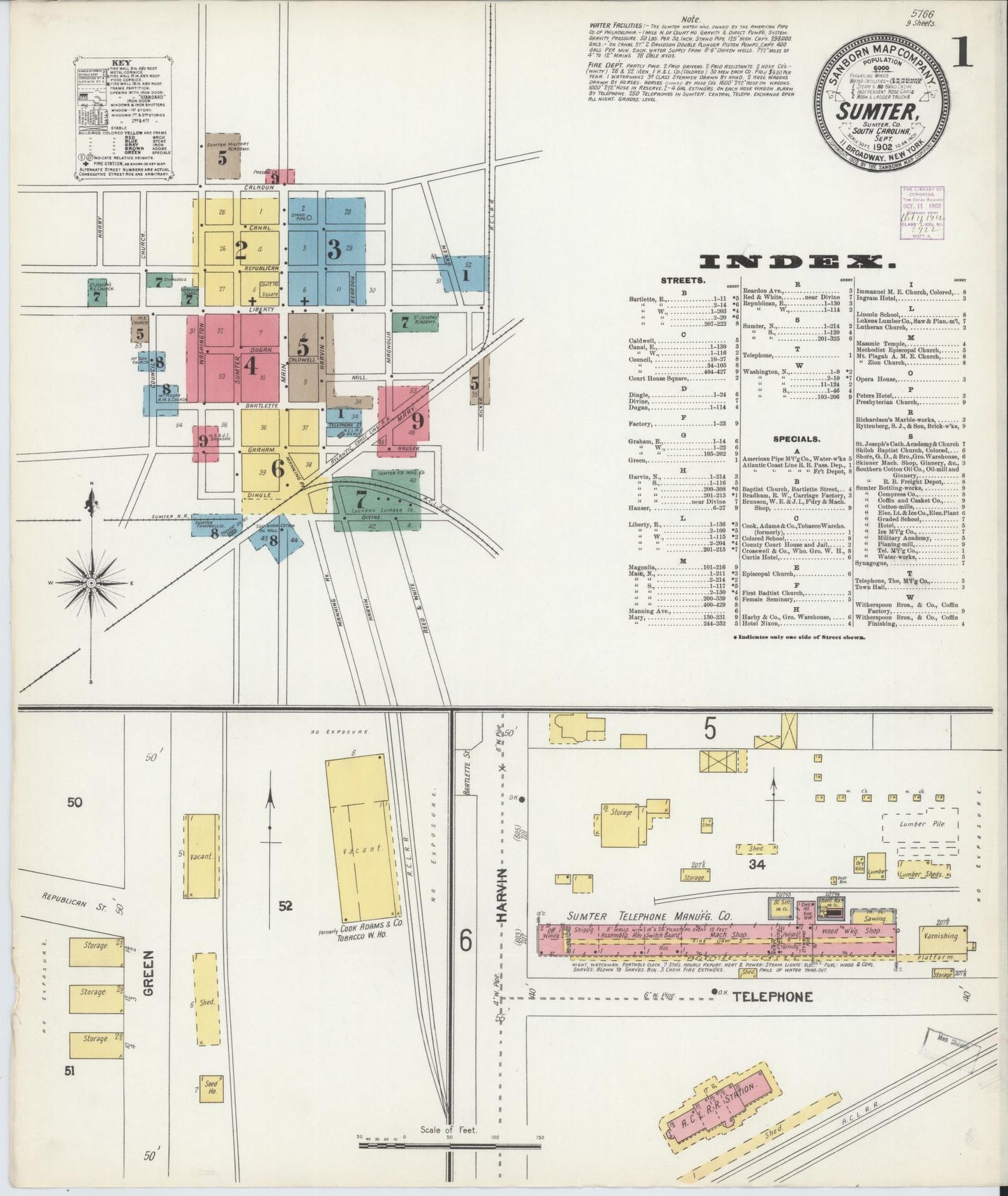 Sanborn Fire Insurance Map from Sumter, Sumter County, South Carolina (1902), Sheet #0001 - Historic Sanborn Fire Insurance Map Print, vintage old map wall art, antique decor, genealogy gift, South Carolina South Carolina map