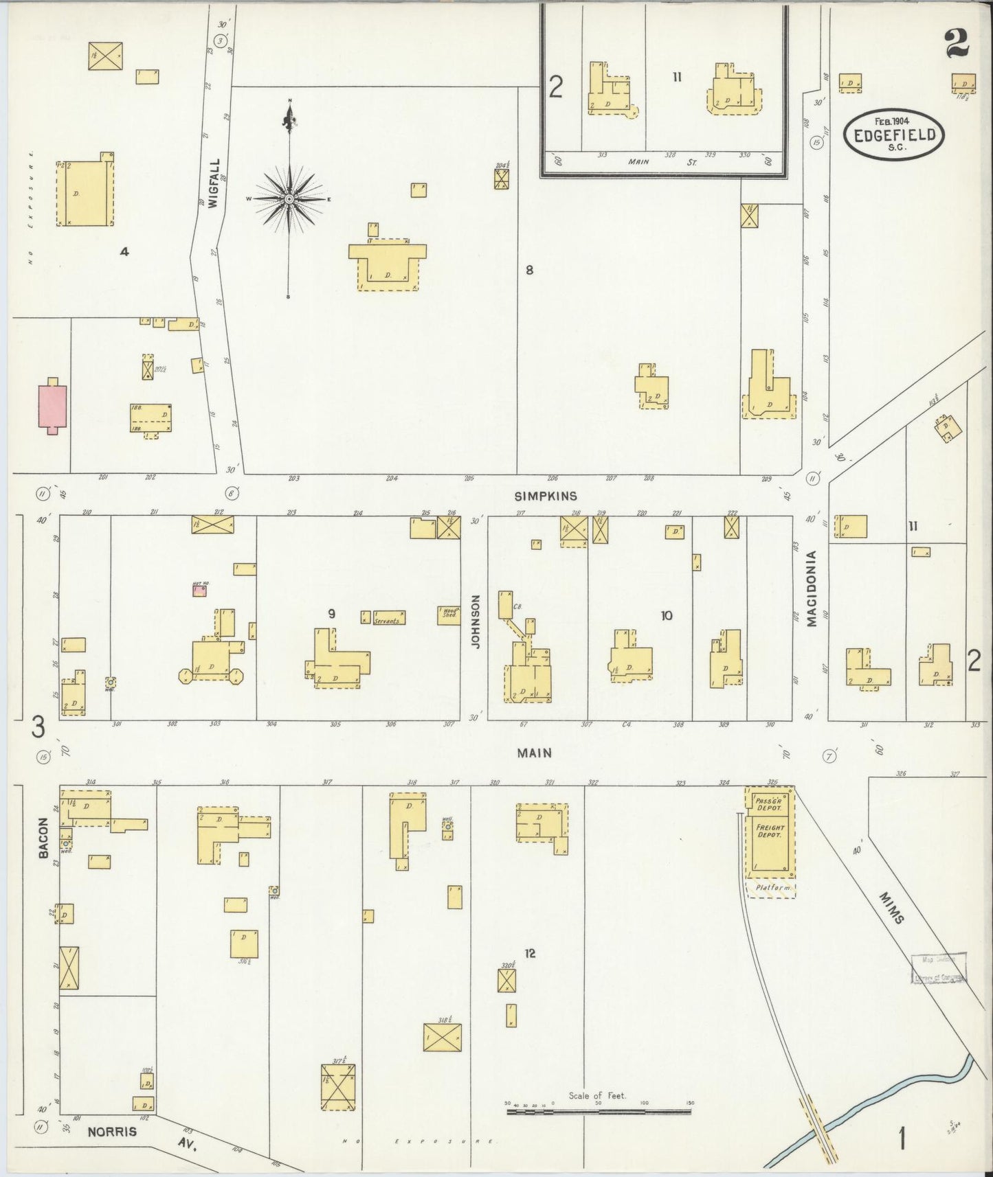Sanborn Fire Insurance Map from Edgefield, Edgefield County, South Carolina (1904), Sheet #0002 - Historic Sanborn Fire Insurance Map Print, vintage old map wall art, antique decor, genealogy gift, South Carolina South Carolina map