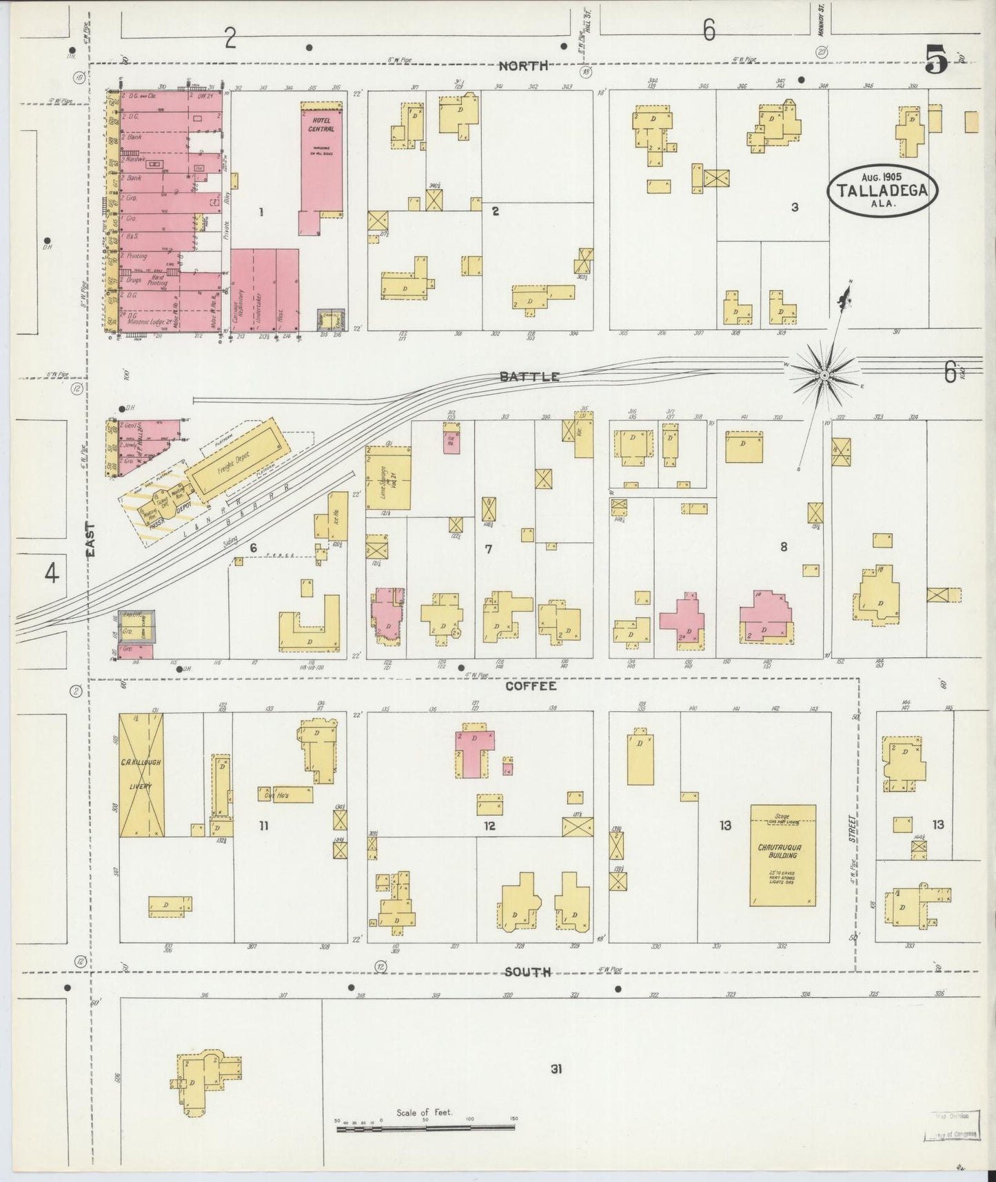 Sanborn Fire Insurance Map from Talladega, Talladega County, Alabama (1905), Sheet #0005 - Historic Sanborn Fire Insurance Map Print, vintage old map wall art, antique decor, genealogy gift, Alabama Alabama map