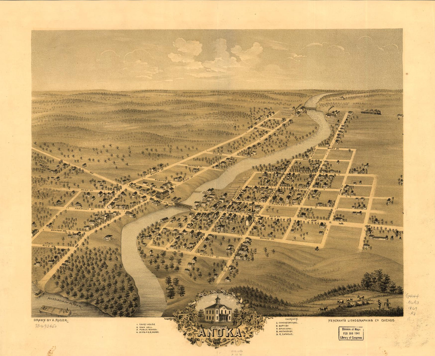 Bird's eye view of Anoka, Anoka County, Minnesota 1869. (1869) – Historic Bird’s-Eye View Panorama Print