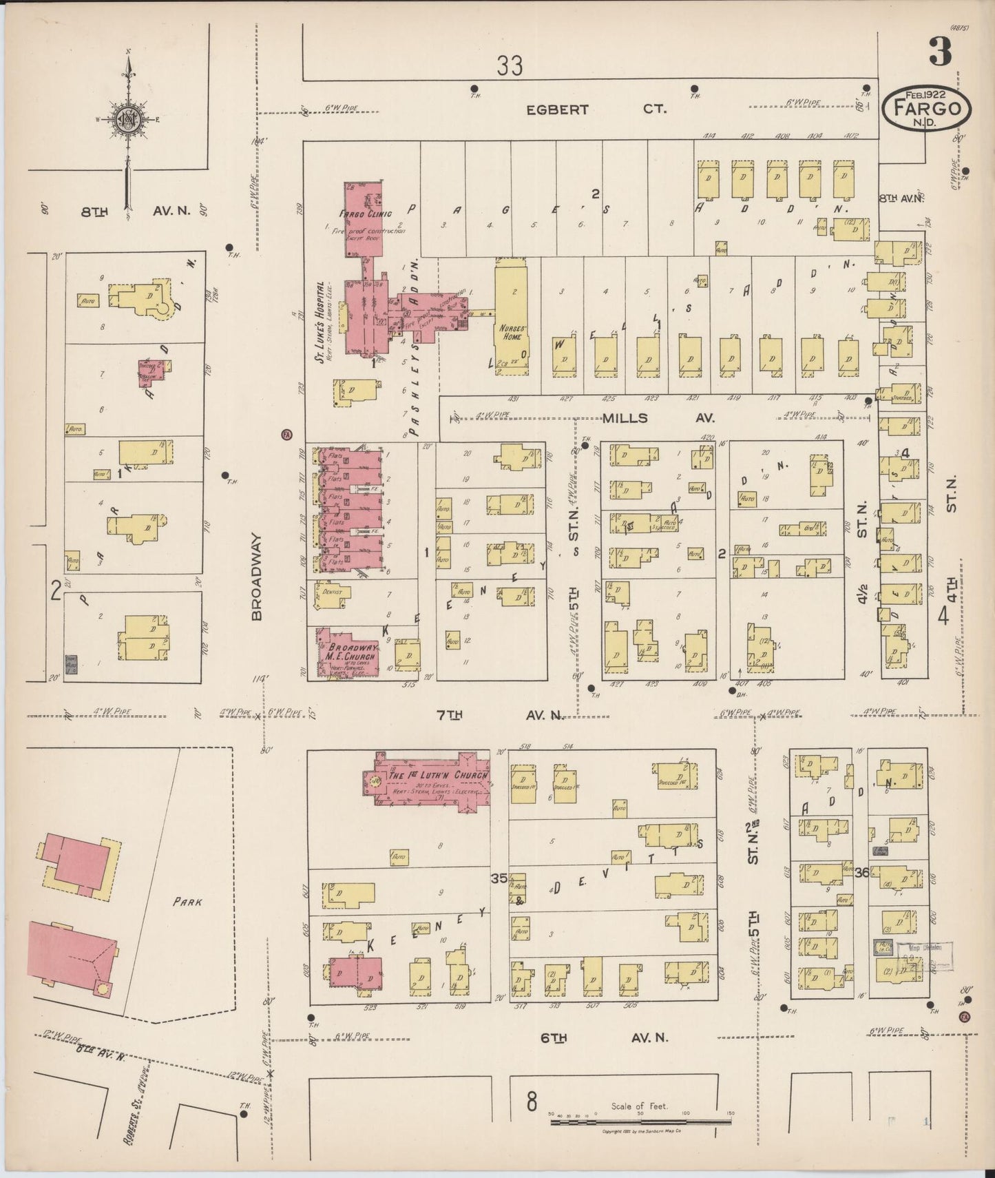 Sanborn Fire Insurance Map from Fargo, Cass County, North Dakota (1922), Sheet #0003 - Historic Sanborn Fire Insurance Map Print, vintage old map wall art, antique decor, genealogy gift, North Dakota North Dakota map