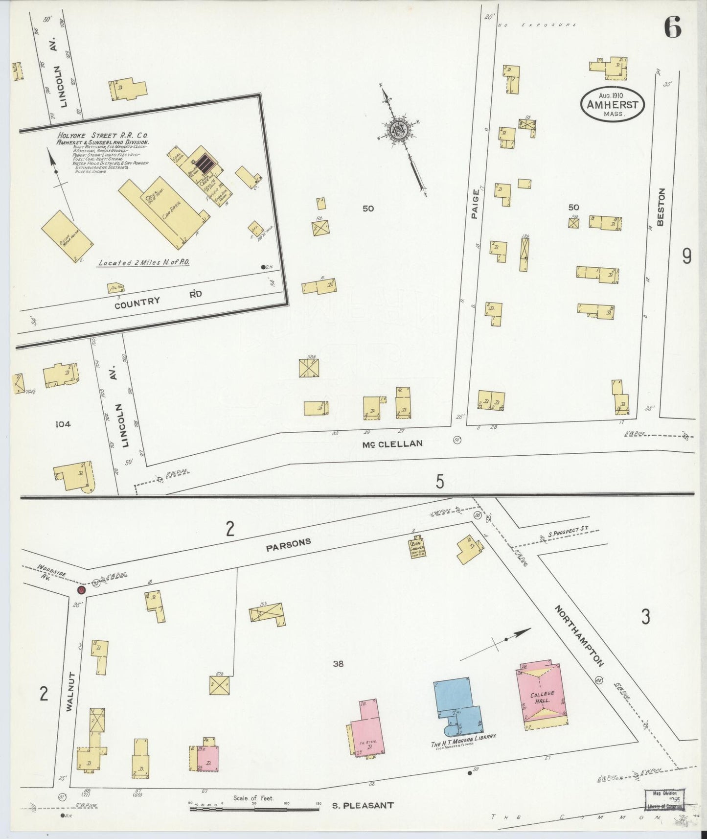 Sanborn Fire Insurance Map from Amherst, Hampshire County, Massachusetts (1910), Sheet #0006 - Historic Sanborn Fire Insurance Map Print, vintage old map wall art, antique decor, genealogy gift, Massachusetts Massachusetts map