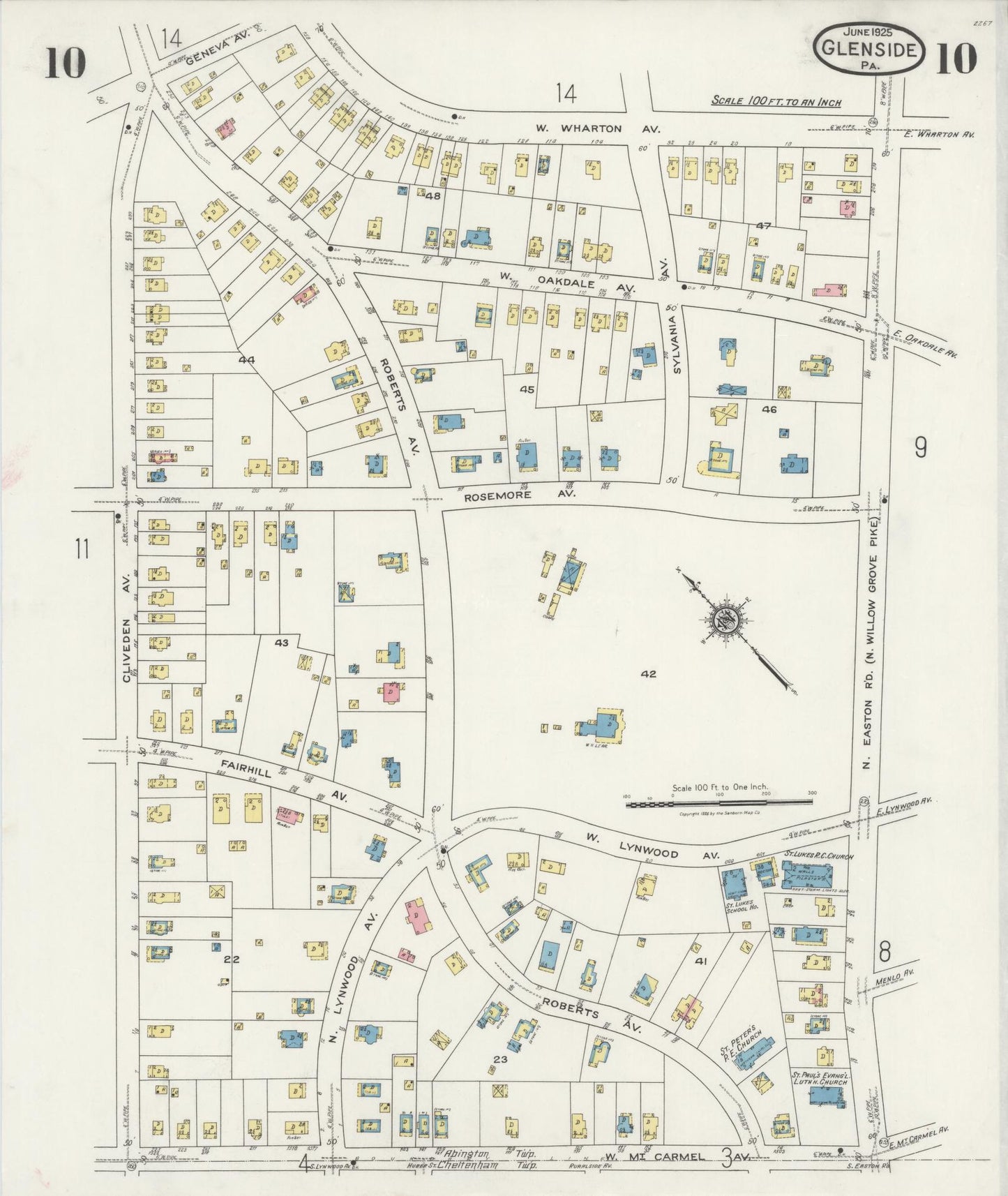 Sanborn Fire Insurance Map from Glenside, Montgomery County, Pennsylvania (1925), Sheet #0010 - Historic Sanborn Fire Insurance Map Print, vintage old map wall art, antique decor, genealogy gift, Pennsylvania Pennsylvania map