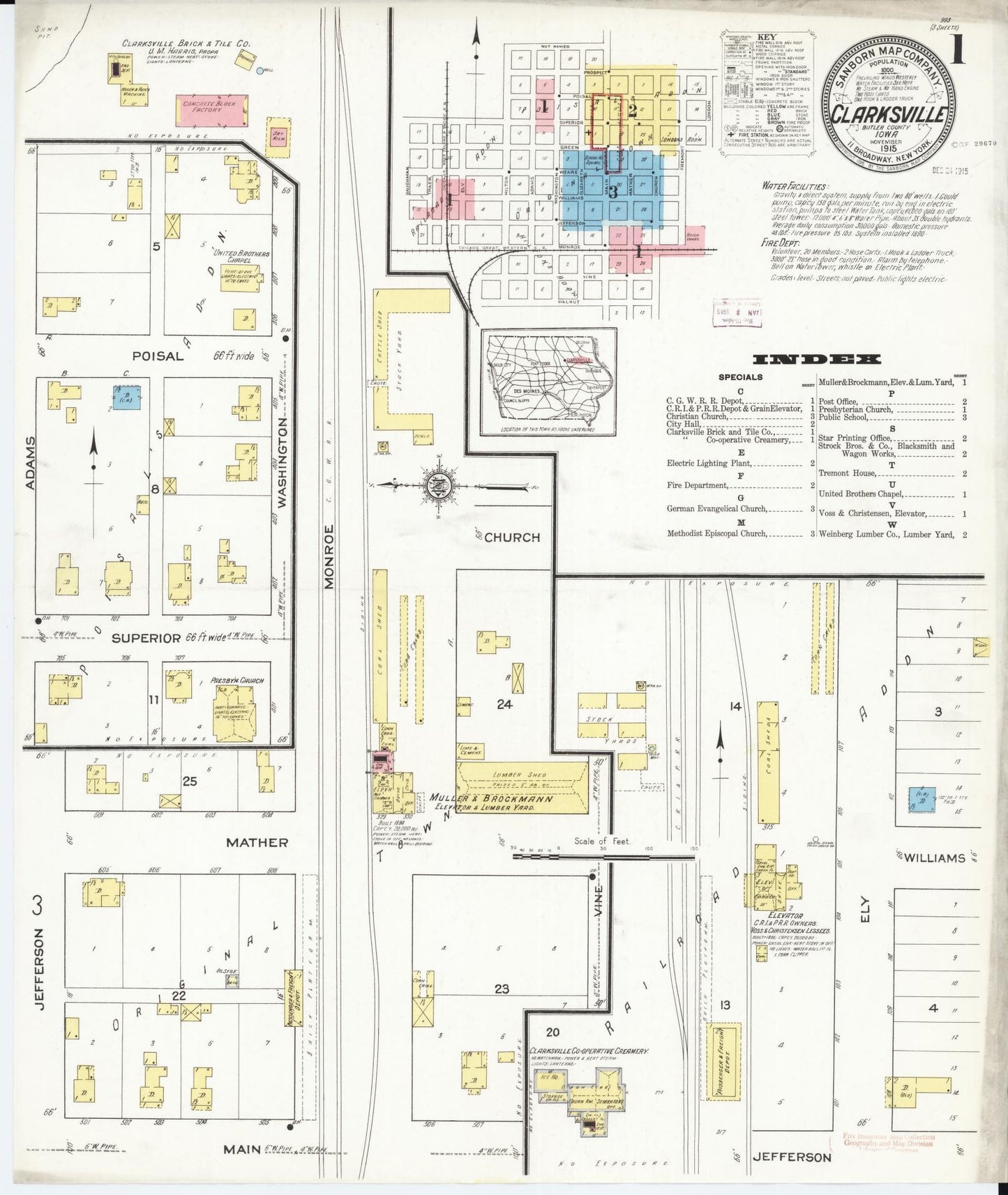 Sanborn Fire Insurance Map from Clarksville, Butler County, Iowa (1915), Sheet #0001 - Historic Sanborn Fire Insurance Map Print, vintage old map wall art
