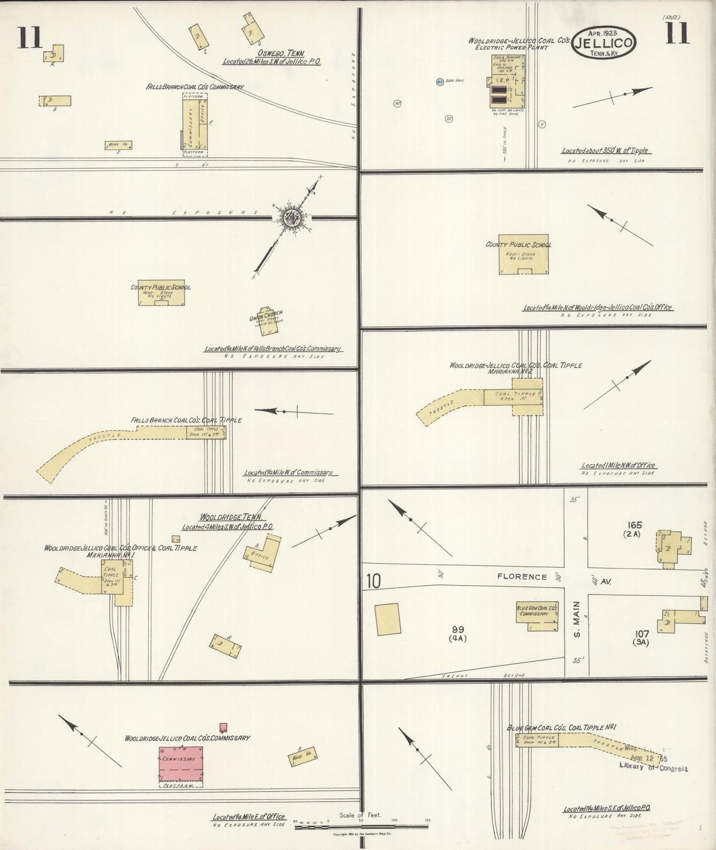 Sanborn Fire Insurance Map from Jellico, Whitley County, Ky., and Campbell County, Tenna, Kentucky (1923), Sheet #0011 - Historic Sanborn Fire Insurance Map Print, vintage old map wall art, antique decor, genealogy gift, Kentucky Kentucky map