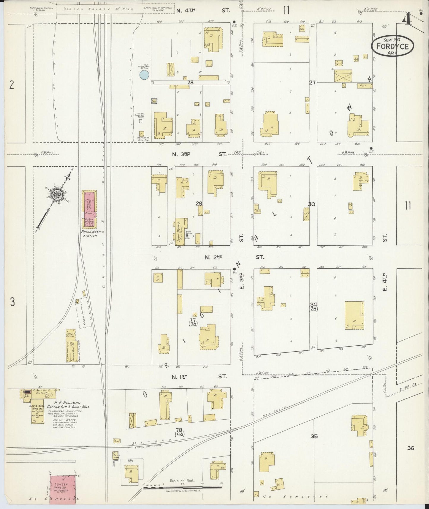 Sanborn Fire Insurance Map from Fordyce, Dallas County, Arkansas (1917), Sheet #0004 - Historic Sanborn Fire Insurance Map Print, vintage old map wall art, antique decor, genealogy gift, Arkansas Arkansas map