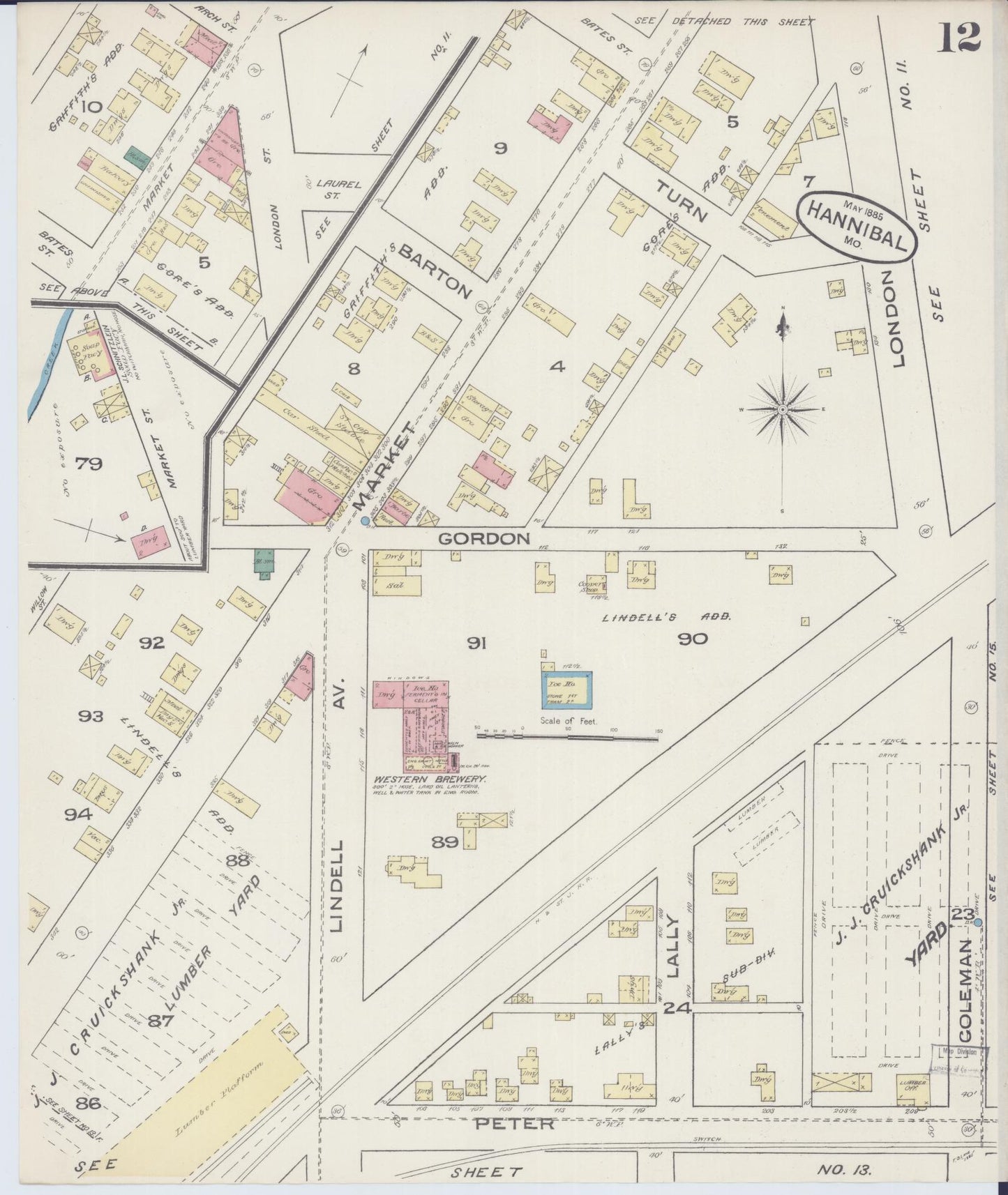 Sanborn Fire Insurance Map from Hannibal, Marion County, Missouri (1885), Sheet #0012 - Historic Sanborn Fire Insurance Map Print, vintage old map wall art, antique decor, genealogy gift, Missouri Missouri map