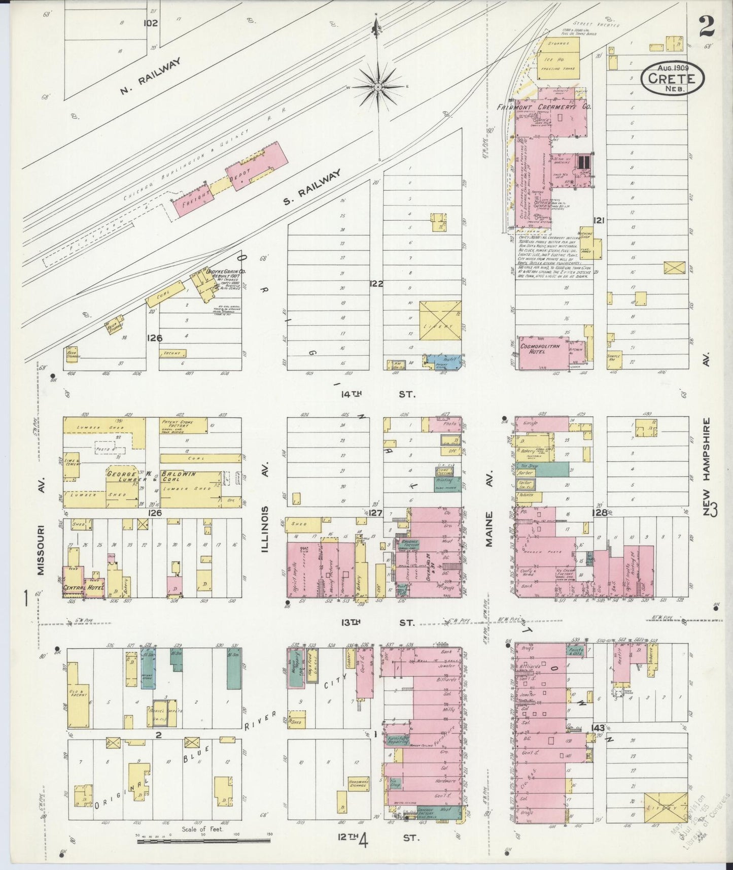 Sanborn Fire Insurance Map from Crete, Saline County, Nebraska (1909), Sheet #0002 - Historic Sanborn Fire Insurance Map Print, vintage old map wall art, antique decor, genealogy gift, Nebraska Nebraska map