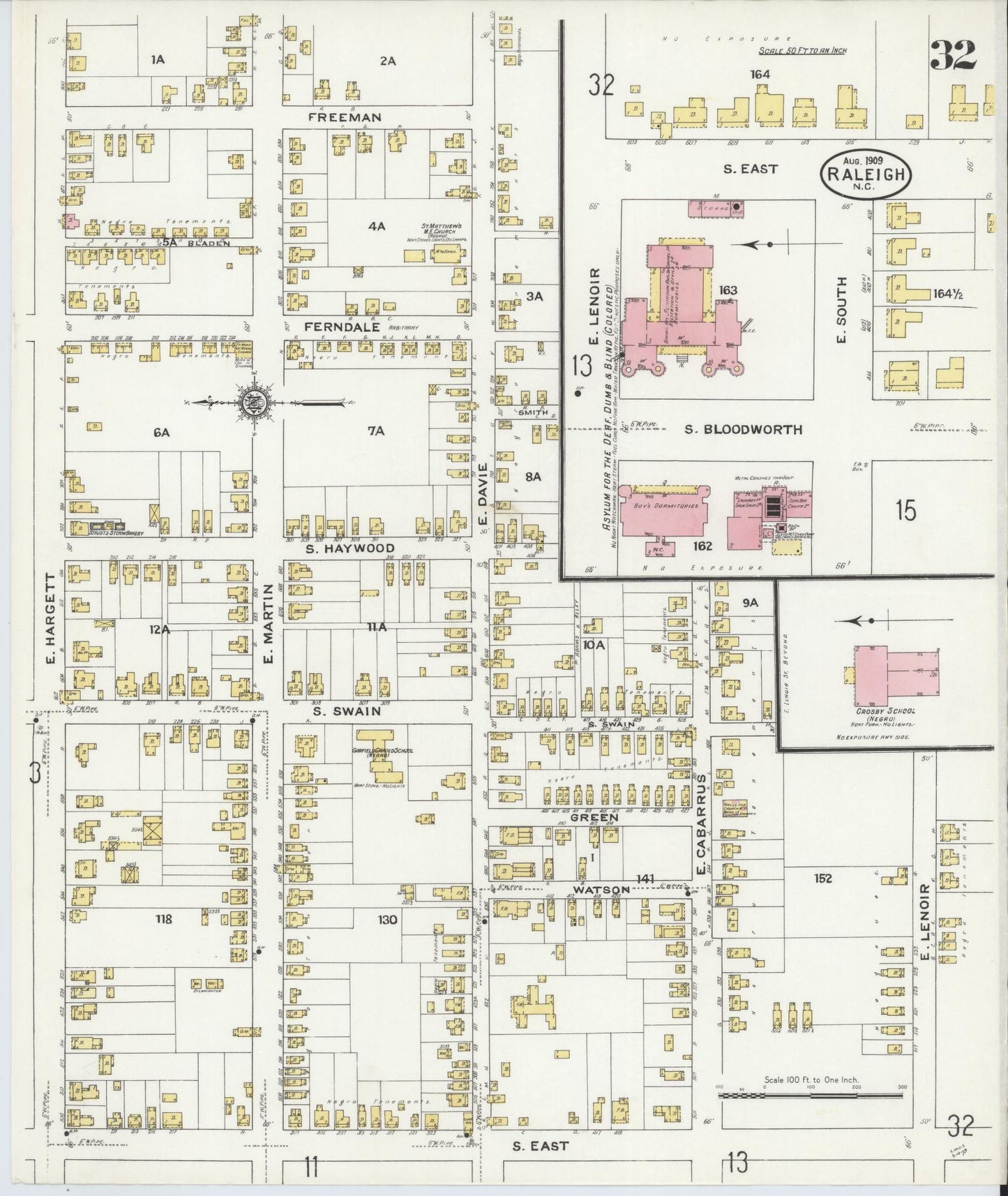 Sanborn Fire Insurance Map from Raleigh, Wake County, North Carolina (1909), Sheet #0032 - Historic Sanborn Fire Insurance Map Print, vintage old map wall art, antique decor, genealogy gift, North Carolina North Carolina map