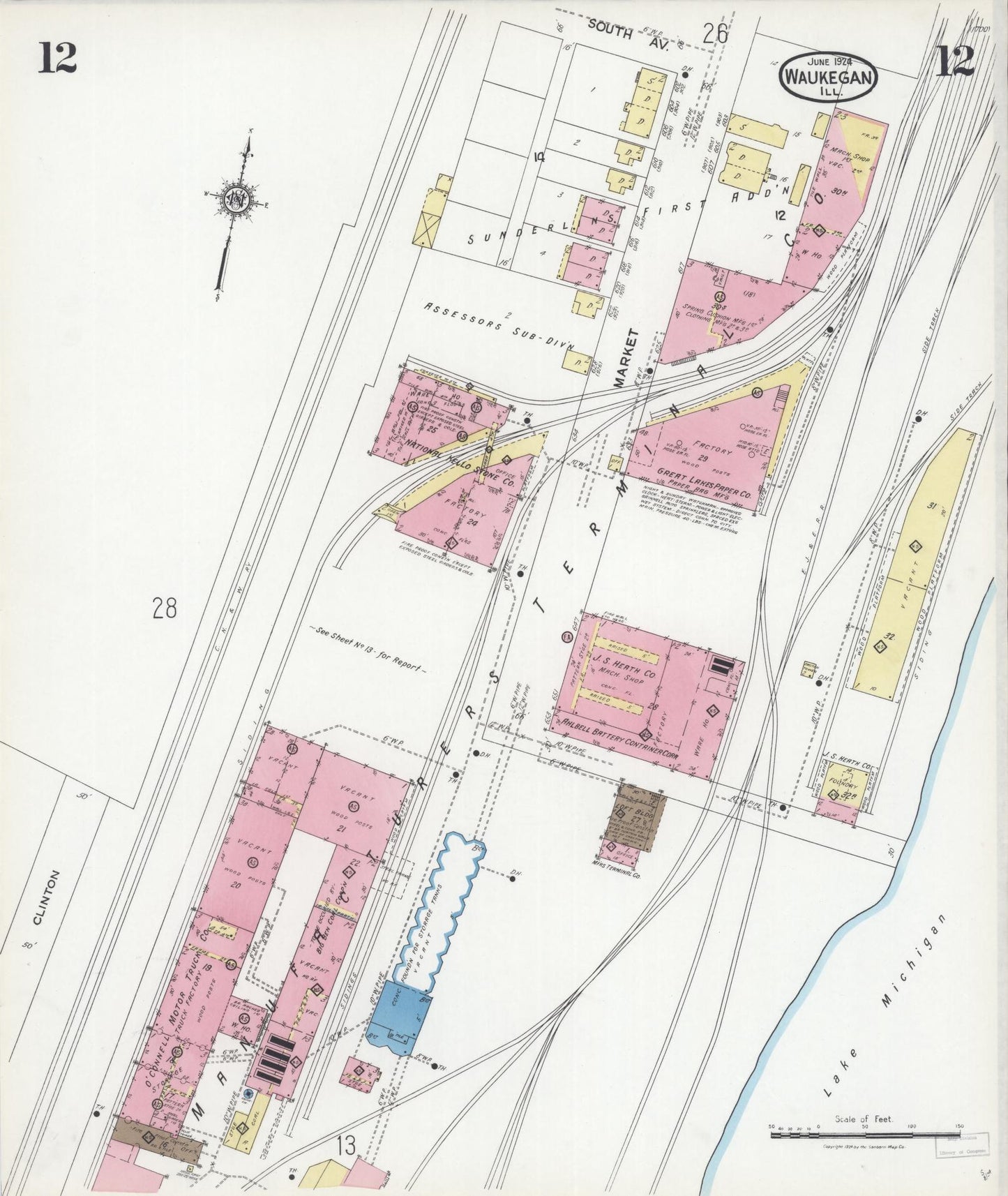 Sanborn Fire Insurance Map from Waukegan, Lake County, Illinois. (1924), Sheet 12 – Historic Sanborn Fire Insurance Map Print