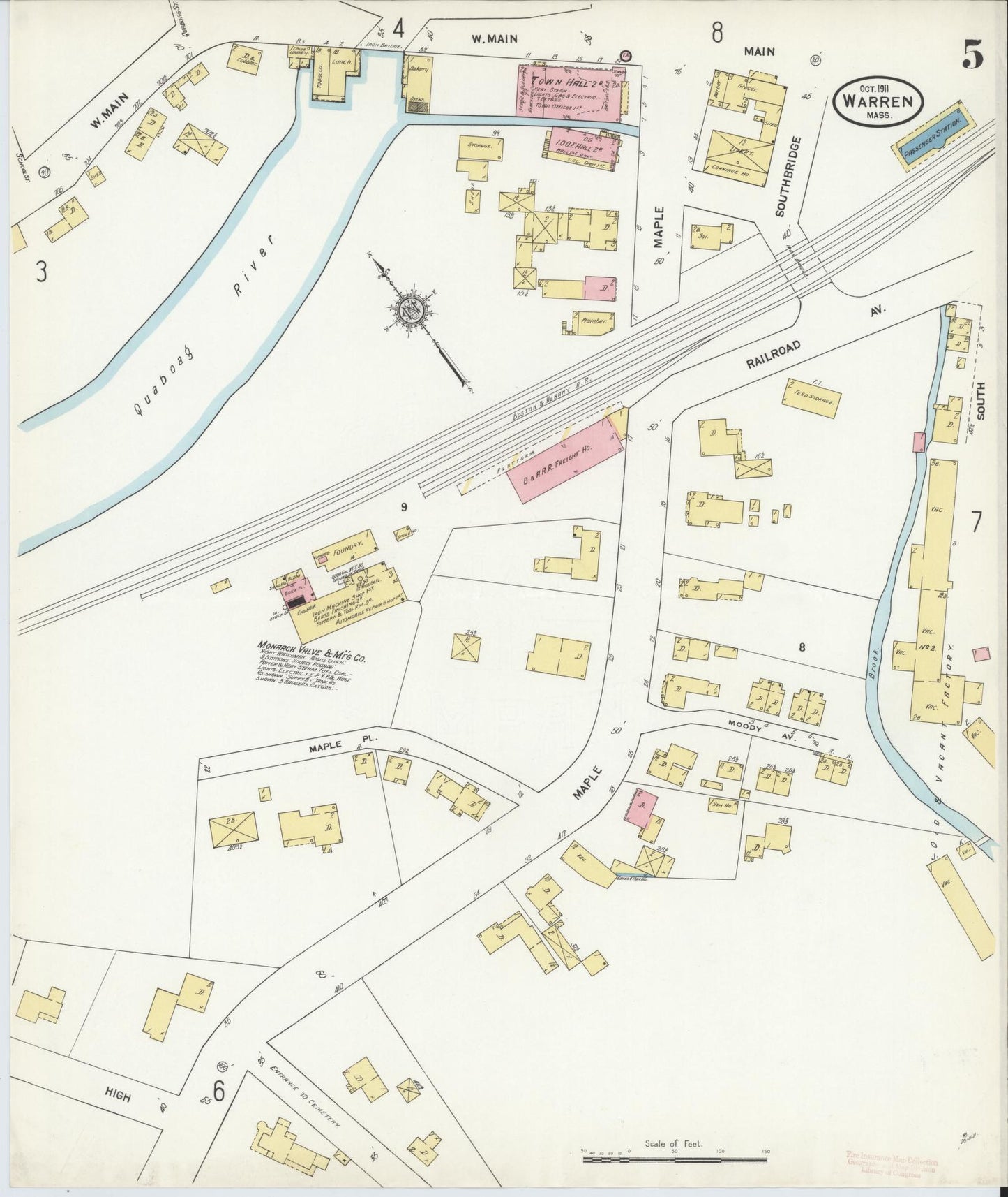 Sanborn Fire Insurance Map from Warren, Worcester County, Massachusetts (1911), Sheet #0005 - Historic Sanborn Fire Insurance Map Print, vintage old map wall art, antique decor, genealogy gift, Massachusetts Massachusetts map