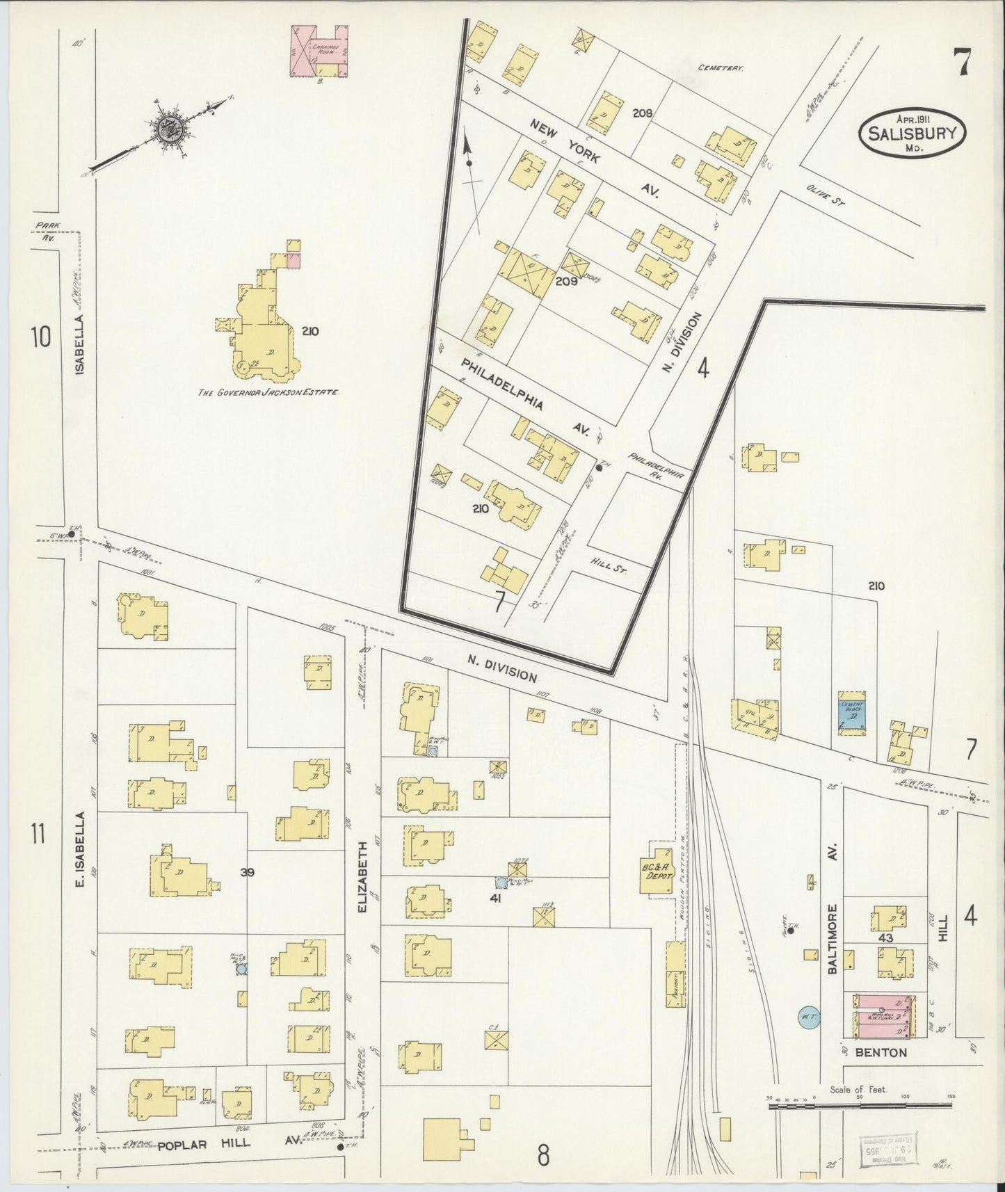 Sanborn Fire Insurance Map from Salisbury, Wicomico County, Maryland (1911), Sheet #0007 - Historic Sanborn Fire Insurance Map Print, vintage old map wall art