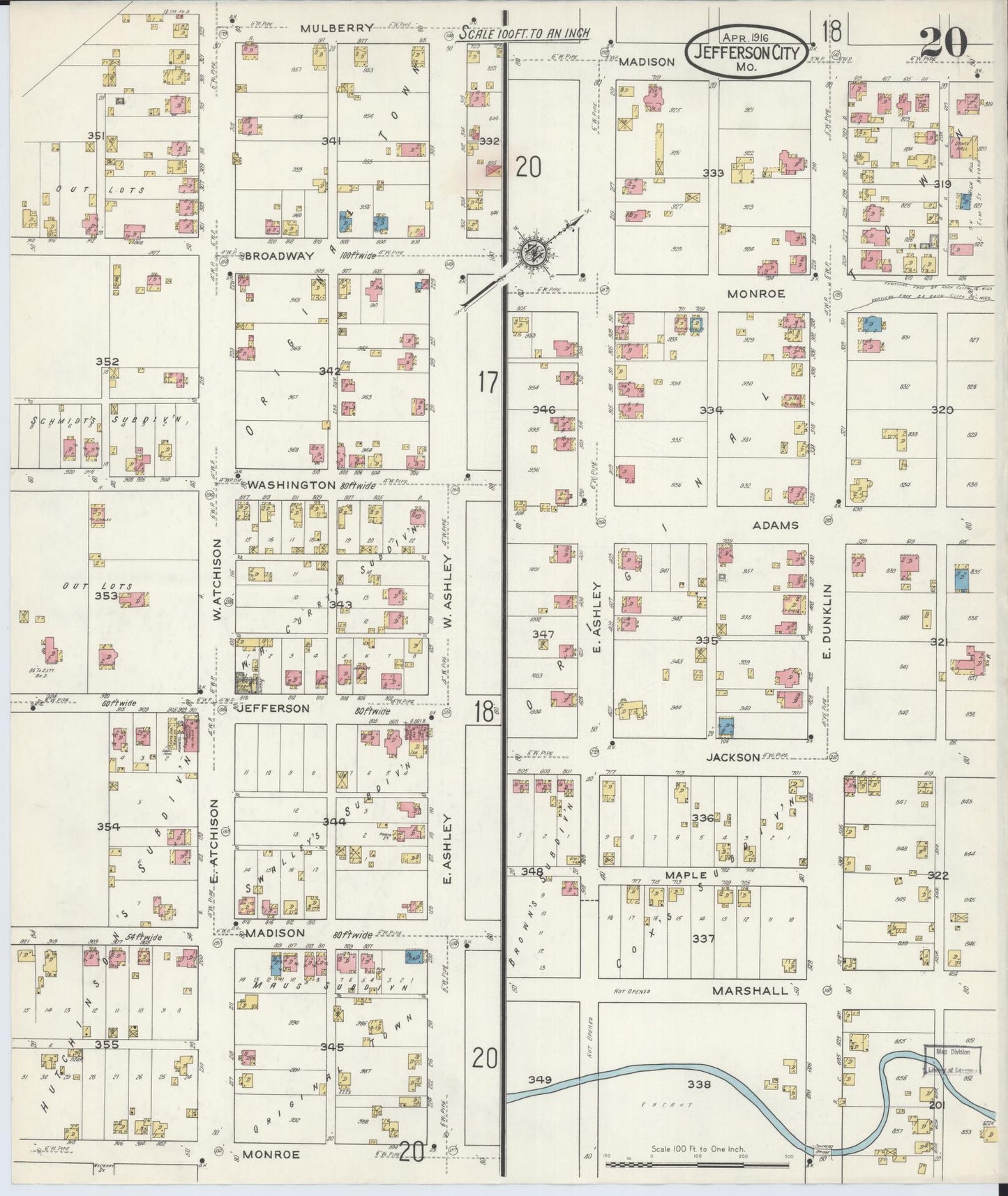 Sanborn Fire Insurance Map from Jefferson City, Cole County, Missouri (1916), Sheet #0020 - Historic Sanborn Fire Insurance Map Print, vintage old map wall art, antique decor, genealogy gift, Missouri Missouri map