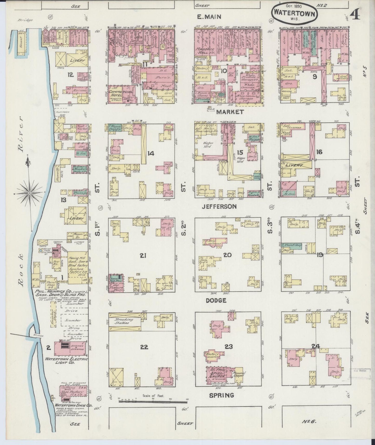 Sanborn Fire Insurance Map from Watertown, Jefferson County, Wisconsin (1890), Sheet #0004 - Historic Sanborn Fire Insurance Map Print, vintage old map wall art, antique decor, genealogy gift, Wisconsin Wisconsin map