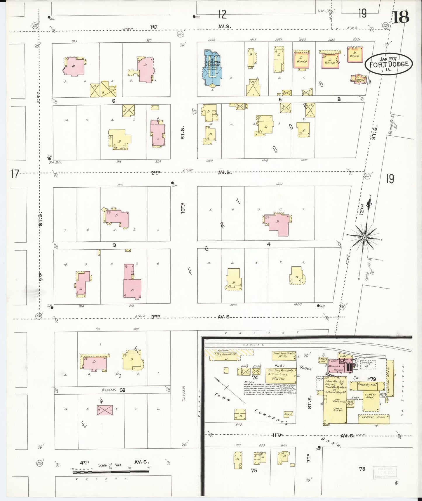 Sanborn Fire Insurance Map from Fort Dodge, Webster County, Iowa (1907), Sheet #0018 - Historic Sanborn Fire Insurance Map Print, vintage old map wall art