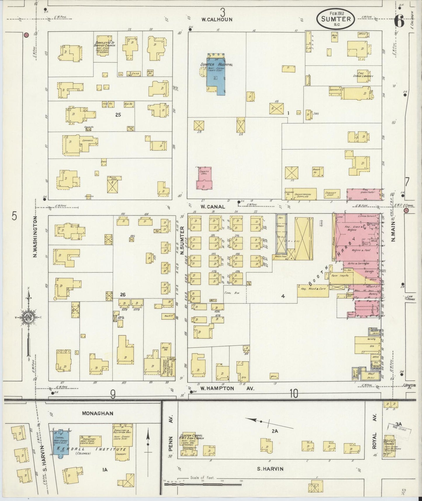 Sanborn Fire Insurance Map from Sumter, Sumter County, South Carolina (1912), Sheet #0006 - Historic Sanborn Fire Insurance Map Print, vintage old map wall art, antique decor, genealogy gift, South Carolina South Carolina map