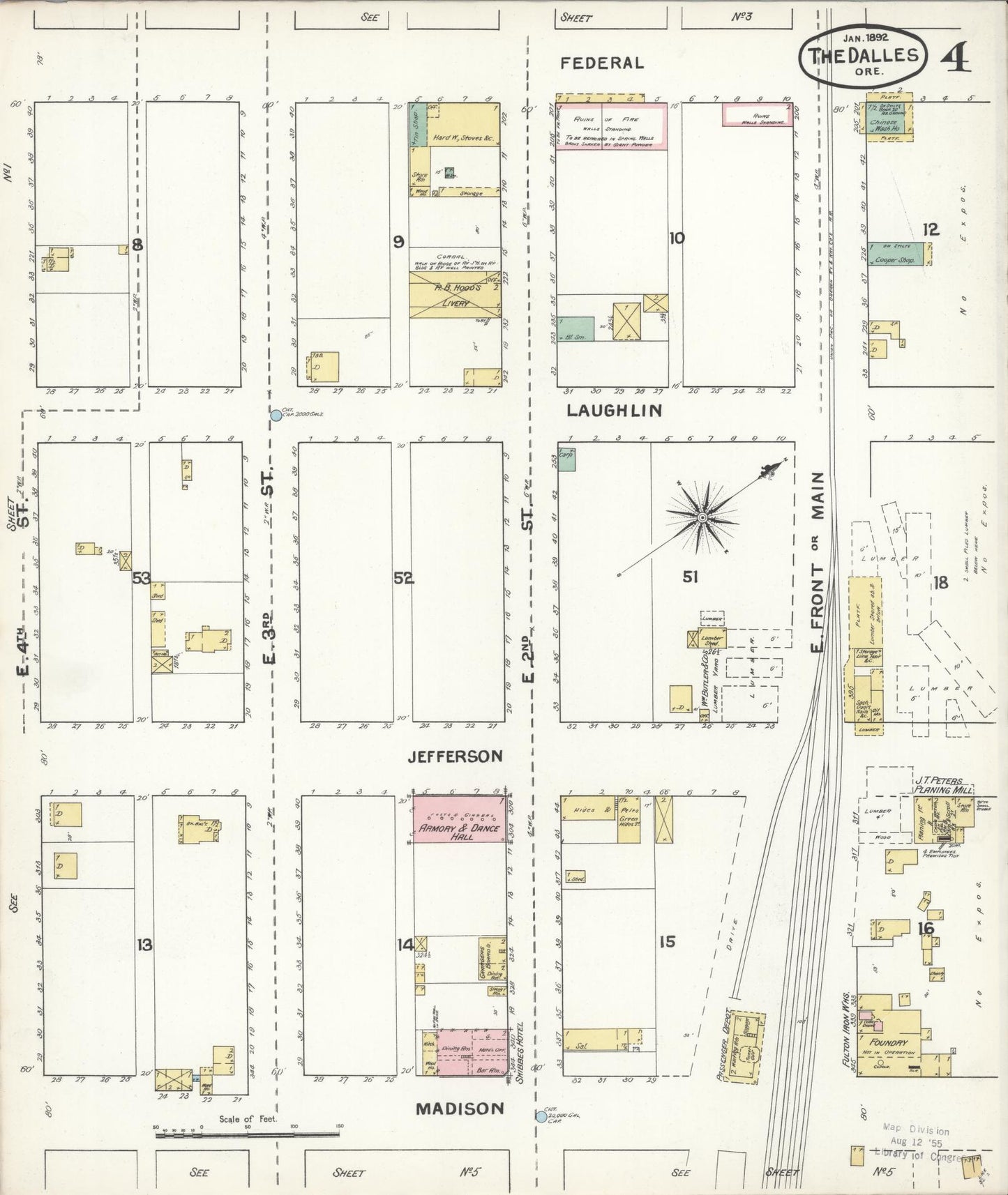 Sanborn Fire Insurance Map from The Dalles, Wasco County, Oregon (1892), Sheet #0004 - Historic Sanborn Fire Insurance Map Print, vintage old map wall art, antique decor, genealogy gift, Oregon Oregon map