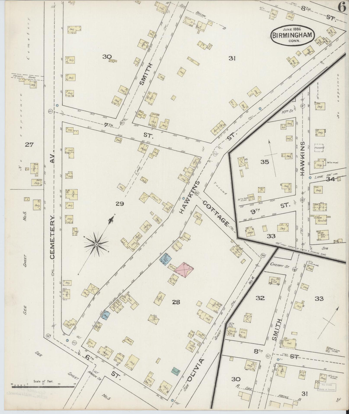 Sanborn Fire Insurance Map from Birmingham, New Haven County, Connecticut (1886), Sheet #0006 - Historic Sanborn Fire Insurance Map Print, vintage old map wall art, antique decor, genealogy gift, Connecticut Connecticut map