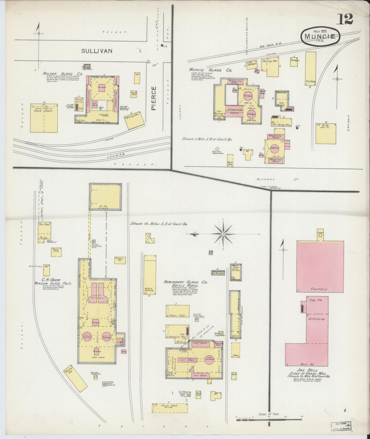 Sanborn Fire Insurance Map from Muncie, Delaware County, Indiana (1892), Sheet #0012 - Historic Sanborn Fire Insurance Map Print, vintage old map wall art, antique decor, genealogy gift, Muncie Delaware map