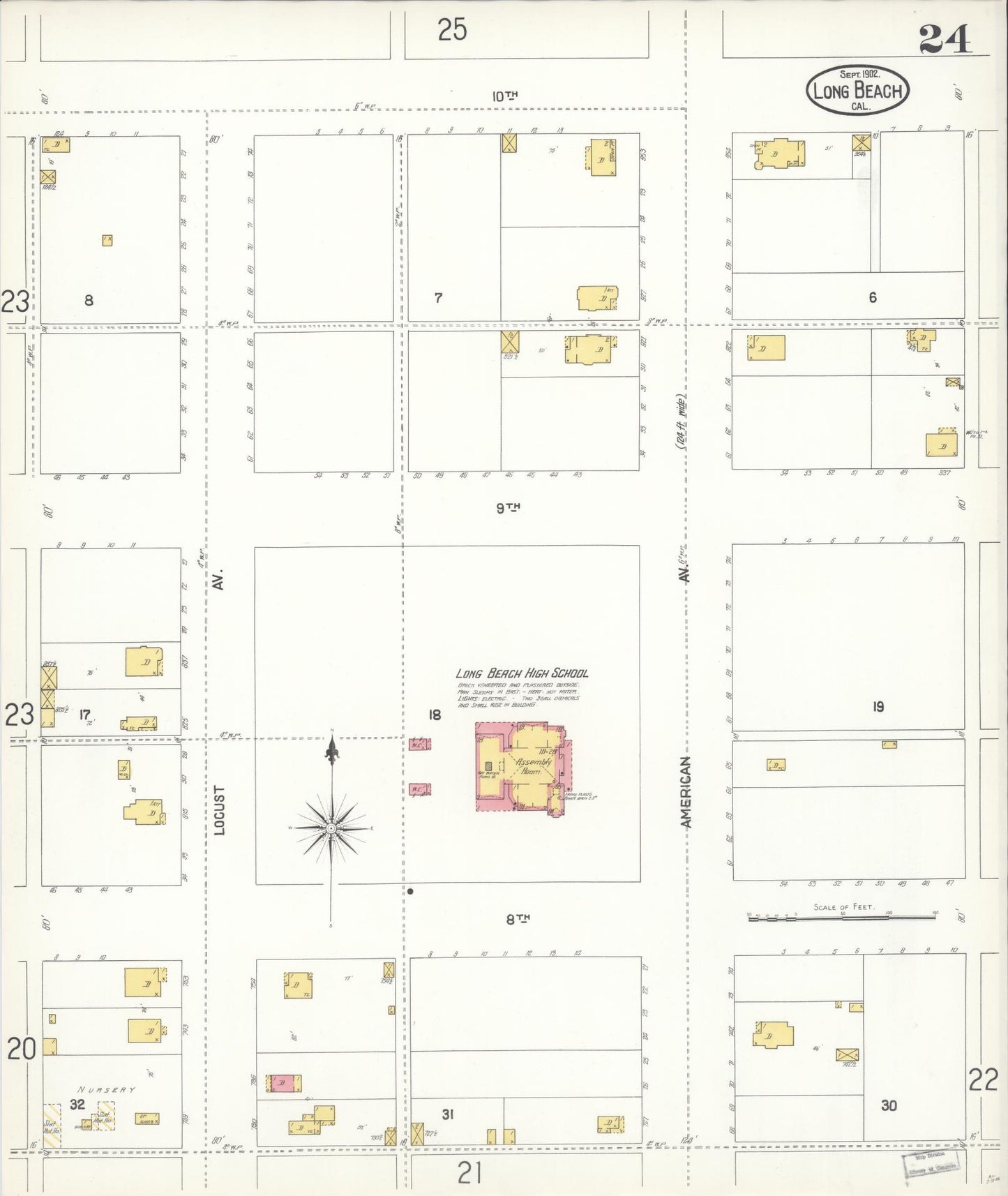 Sanborn Fire Insurance Map from Long Beach, Los Angeles County, California (1902), Sheet #0024 - Historic Sanborn Fire Insurance Map Print, vintage old map wall art, antique decor, genealogy gift, California California map
