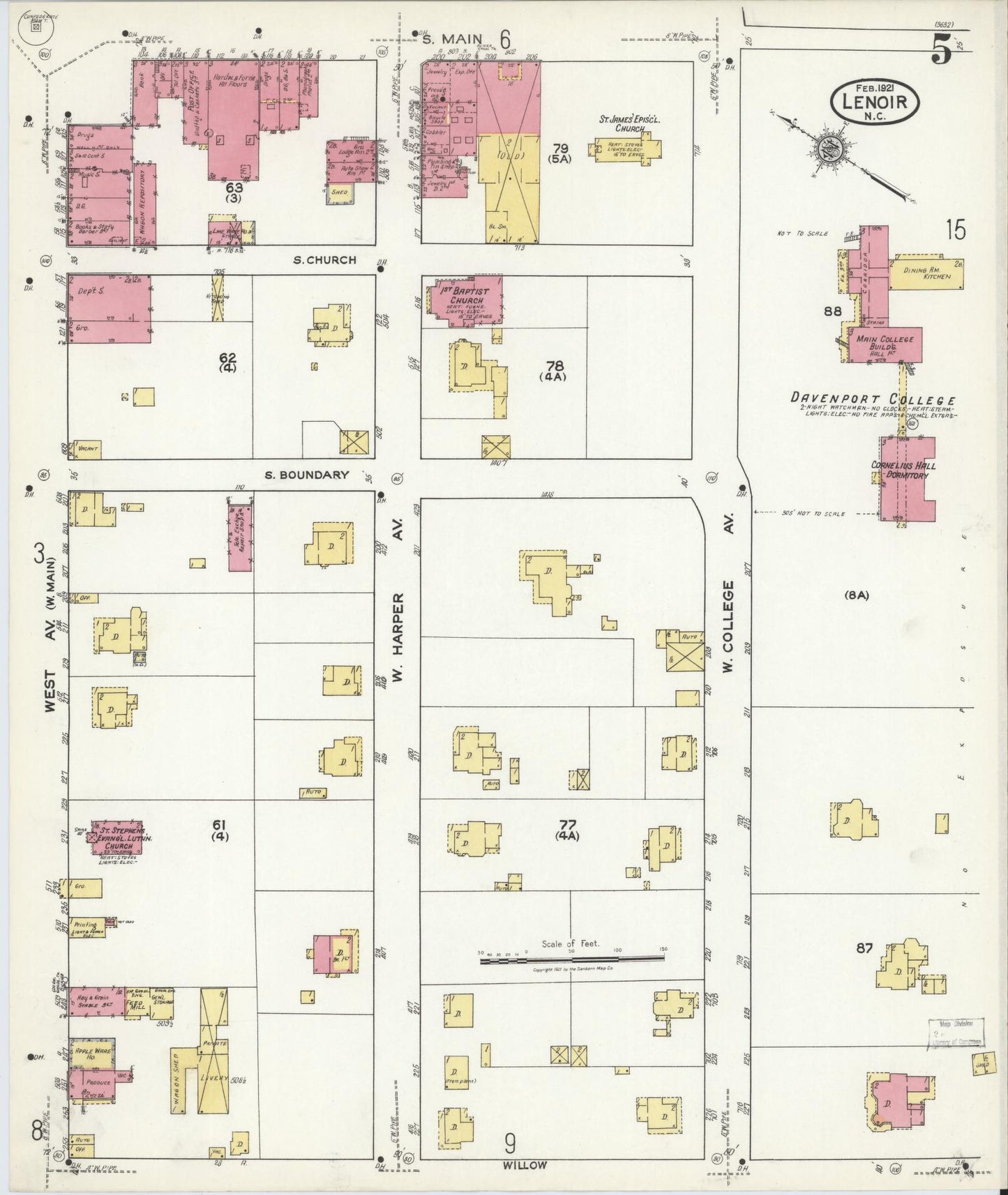 Sanborn Fire Insurance Map from Lenoir, Caldwell County, North Carolina (1921), Sheet #0005 - Historic Sanborn Fire Insurance Map Print, vintage old map wall art, antique decor, genealogy gift, North Carolina North Carolina map