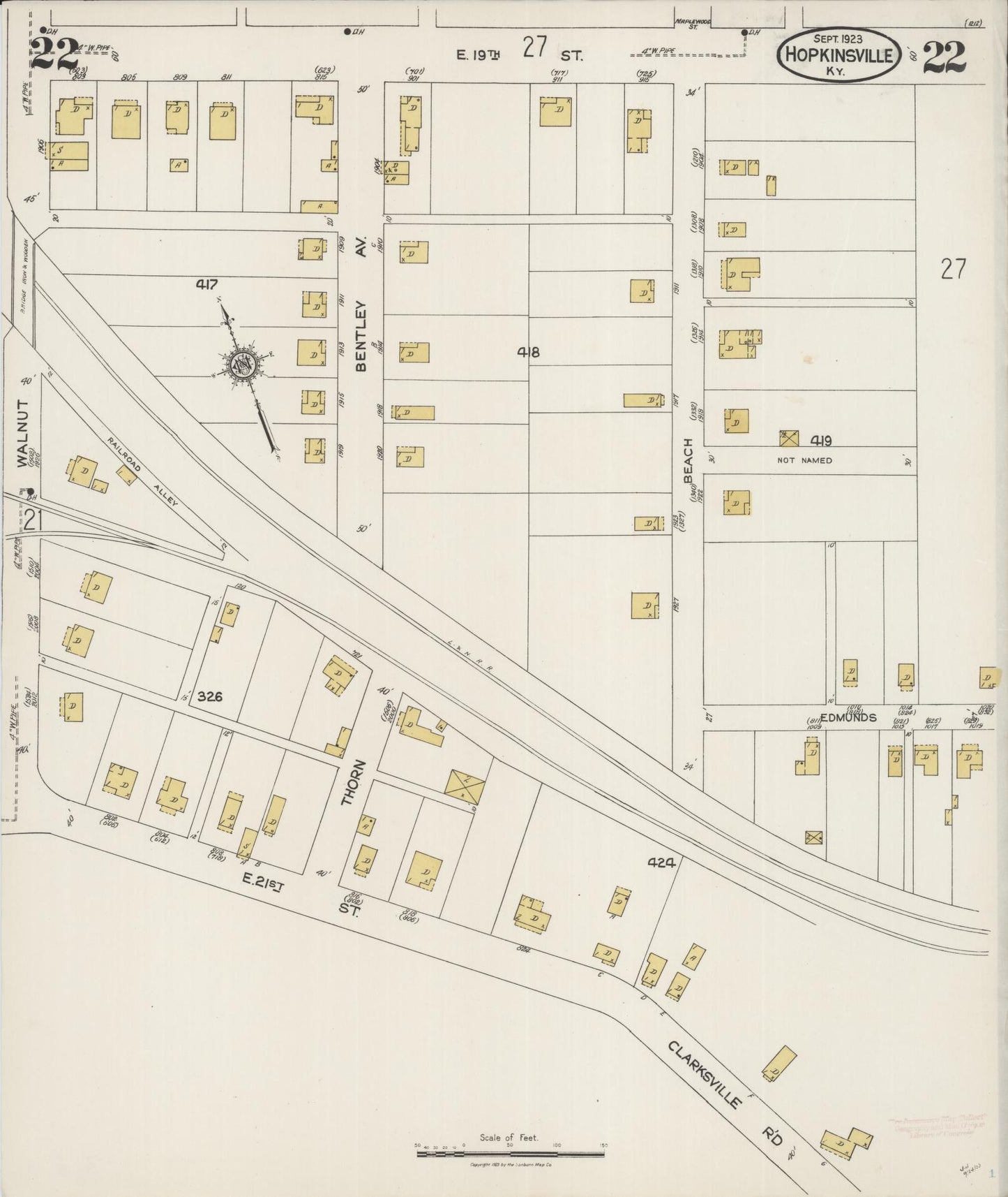 Sanborn Fire Insurance Map from Hopkinsville, Christian County, Kentucky (1923), Sheet #0022 - Historic Sanborn Fire Insurance Map Print, vintage old map wall art, antique decor, genealogy gift, Kentucky Kentucky map