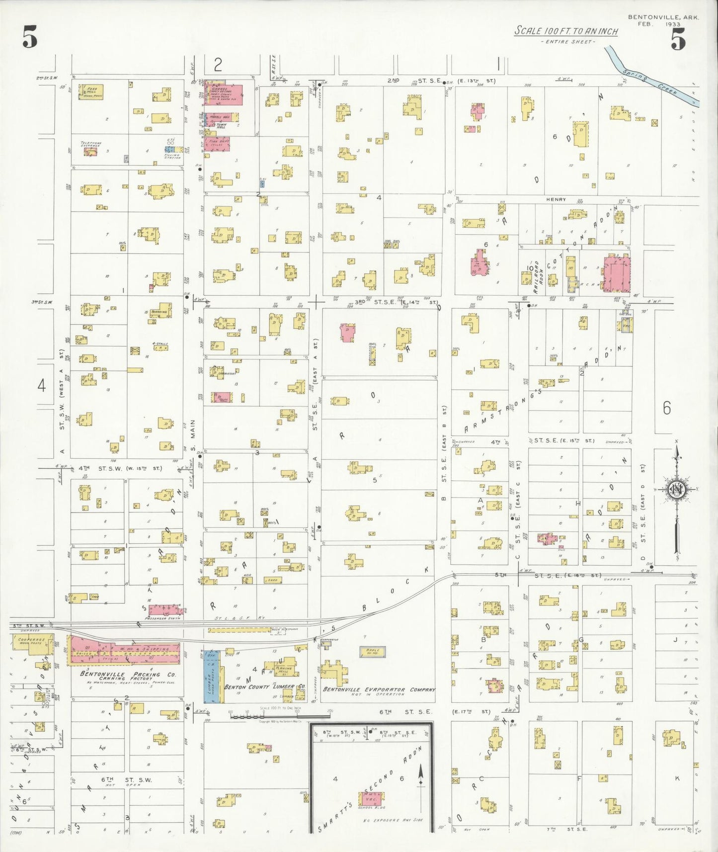 Sanborn Fire Insurance Map from Bentonville, Benton County, Arkansas (1933), Sheet #0005 - Historic Sanborn Fire Insurance Map Print, vintage old map wall art, antique decor, genealogy gift, Arkansas Arkansas map