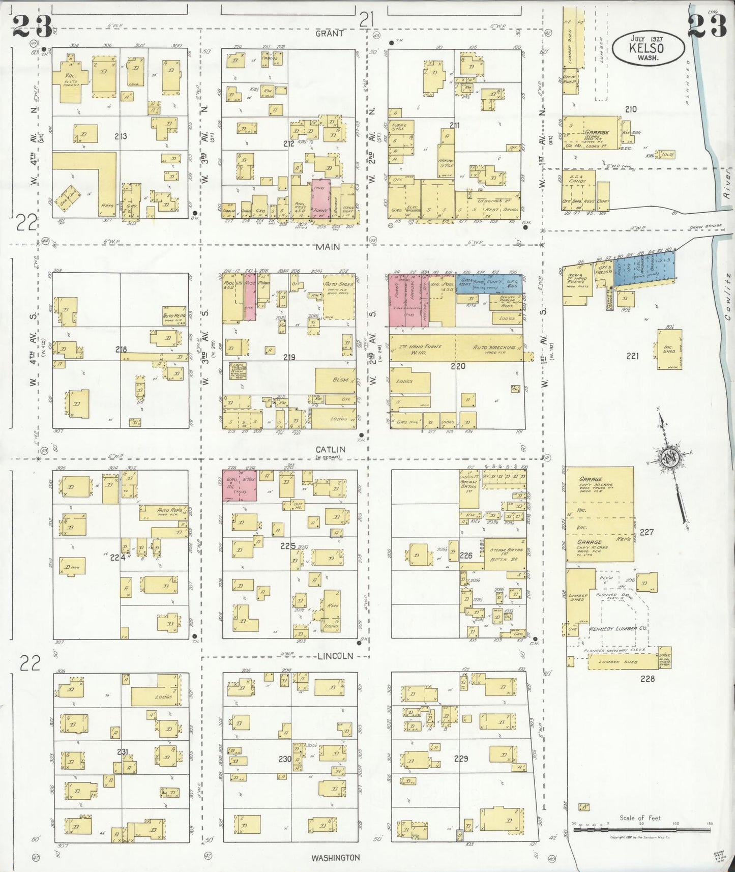 Sanborn Fire Insurance Map from Kelso, Cowlitz County, Washington (1927), Sheet #0023 - Historic Sanborn Fire Insurance Map Print, vintage old map wall art, antique decor, genealogy gift, Washington Washington map