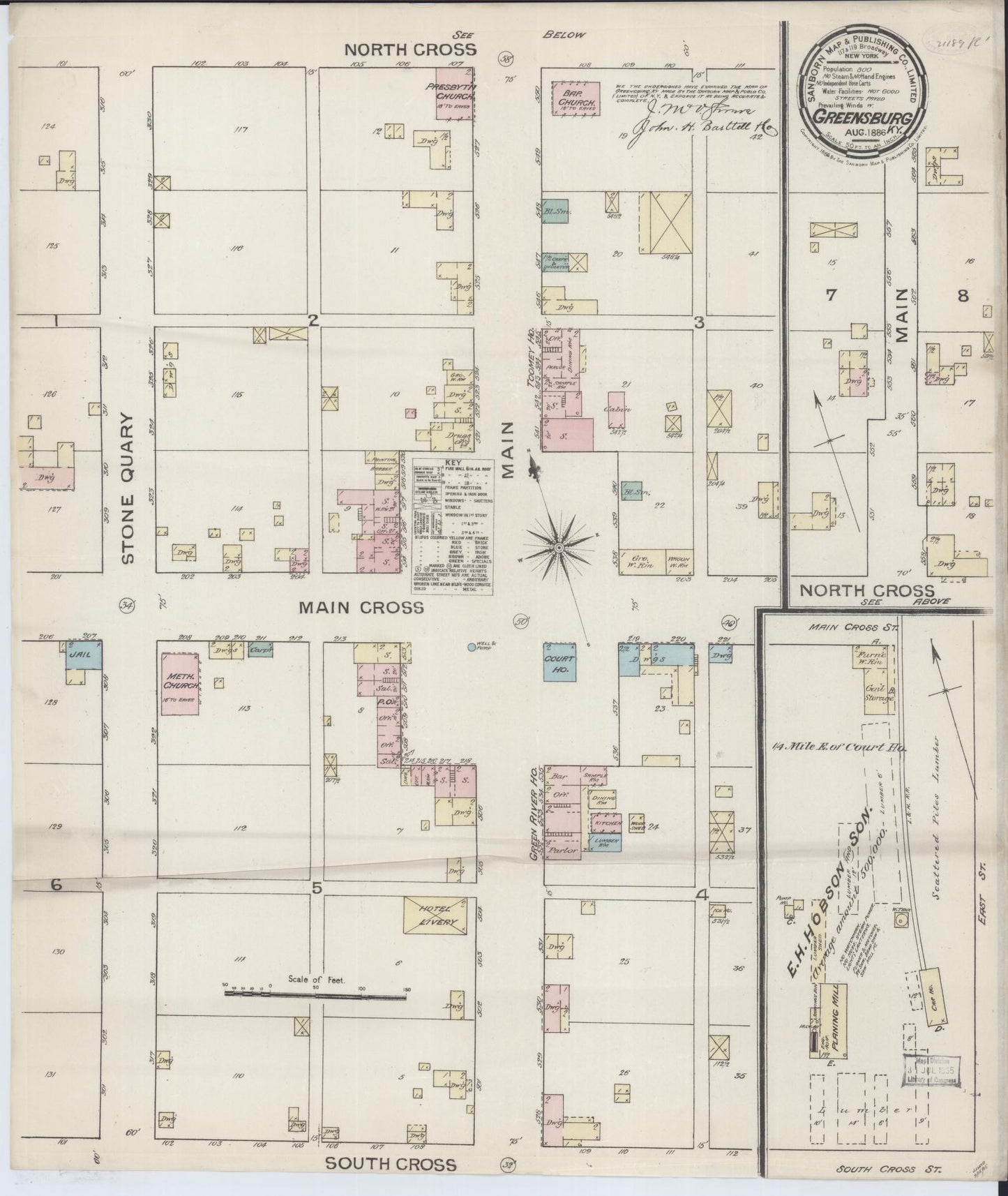 Sanborn Fire Insurance Map from Greensburg, Green County, Kentucky (1886), Sheet #0001 - Historic Sanborn Fire Insurance Map Print, vintage old map wall art, antique decor, genealogy gift, Kentucky Kentucky map
