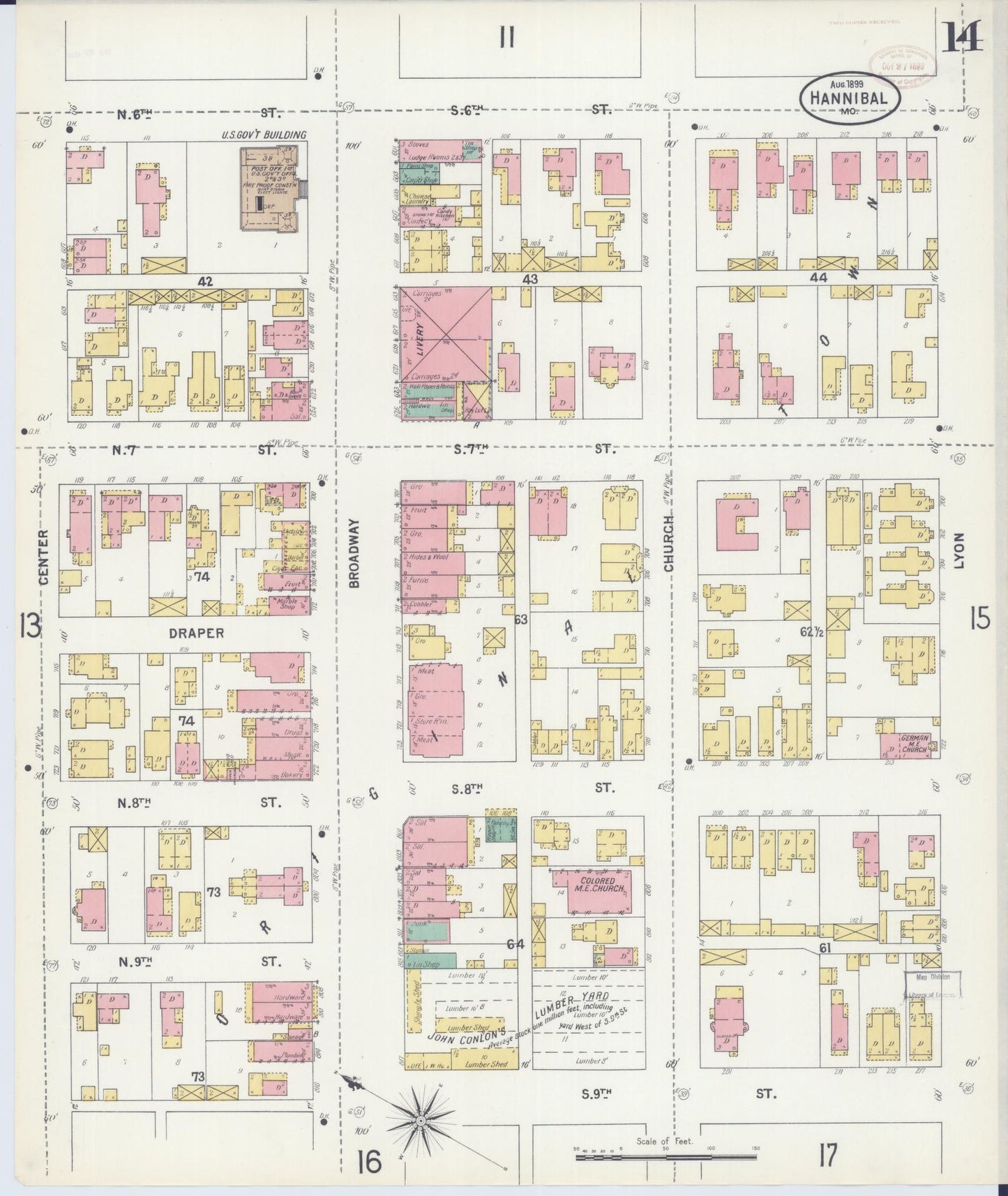 Sanborn Fire Insurance Map from Hannibal, Marion County, Missouri (1899), Sheet #0014 - Historic Sanborn Fire Insurance Map Print, vintage old map wall art, antique decor, genealogy gift, Missouri Missouri map