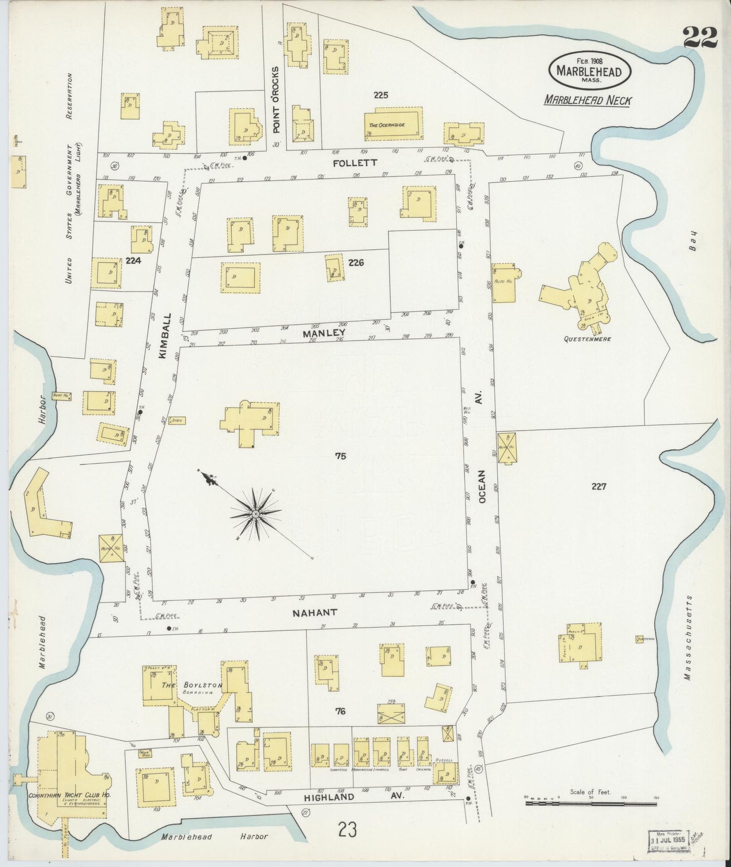 Sanborn Fire Insurance Map from Marblehead, Essex County, Massachusetts (1908), Sheet #0022 - Historic Sanborn Fire Insurance Map Print, vintage old map wall art, antique decor, genealogy gift, Massachusetts Massachusetts map