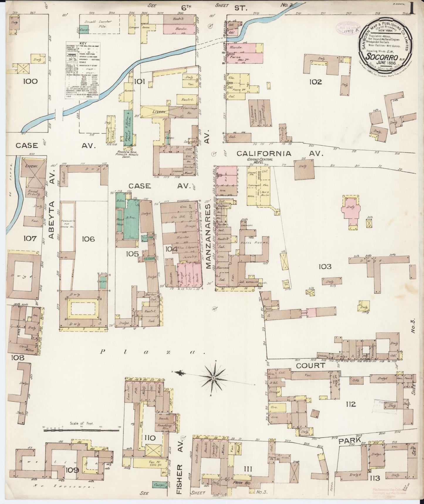 Sanborn Fire Insurance Map from Socorro, Socorro County, New Mexico (1886), Sheet #0001 - Historic Sanborn Fire Insurance Map Print, vintage old map wall art, antique decor, genealogy gift, New Mexico New Mexico map