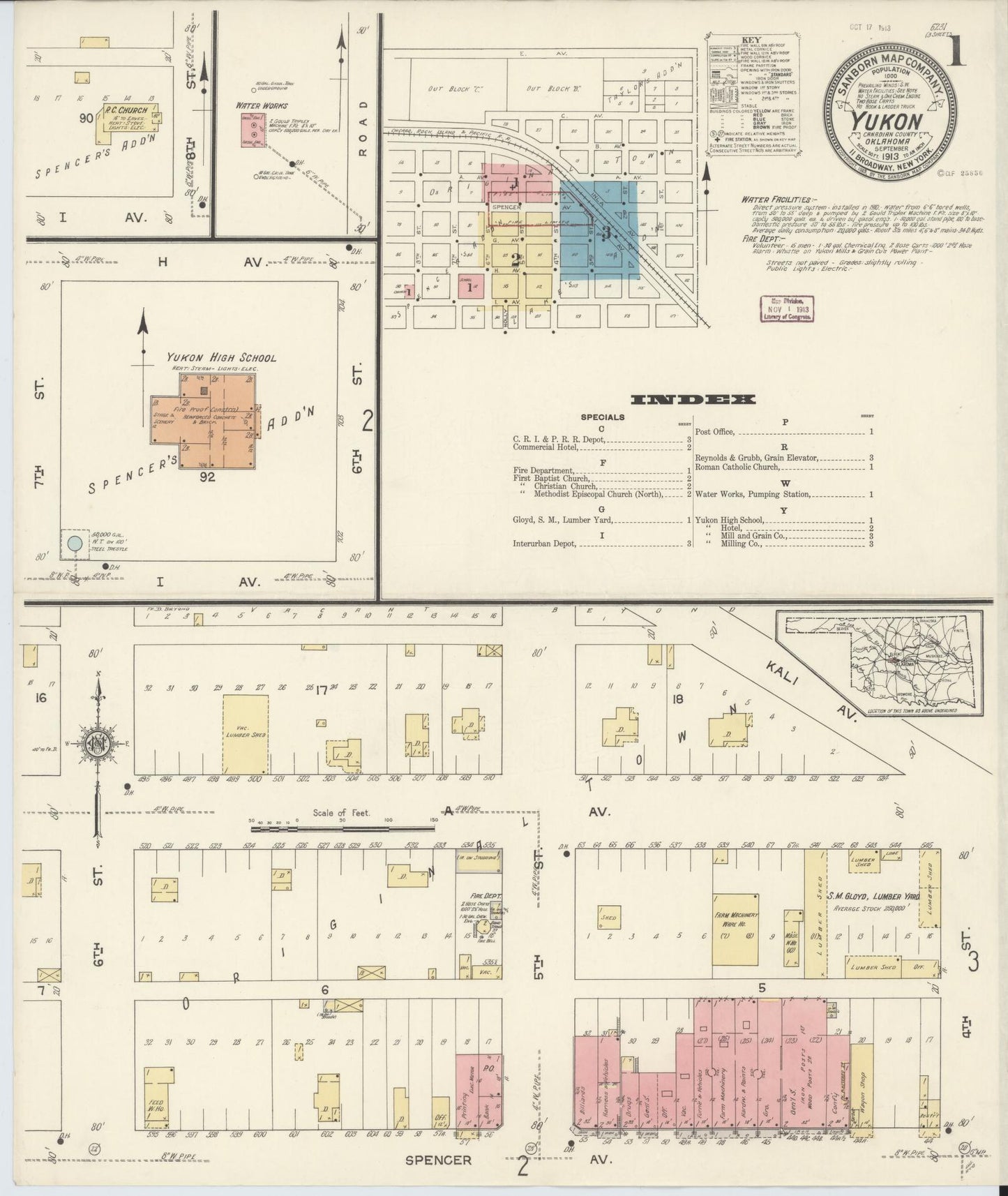 Sanborn Fire Insurance Map from Yukon, Canadian County, Oklahoma (1913), Sheet #0001 - Historic Sanborn Fire Insurance Map Print, vintage old map wall art, antique decor, genealogy gift, Oklahoma Oklahoma map